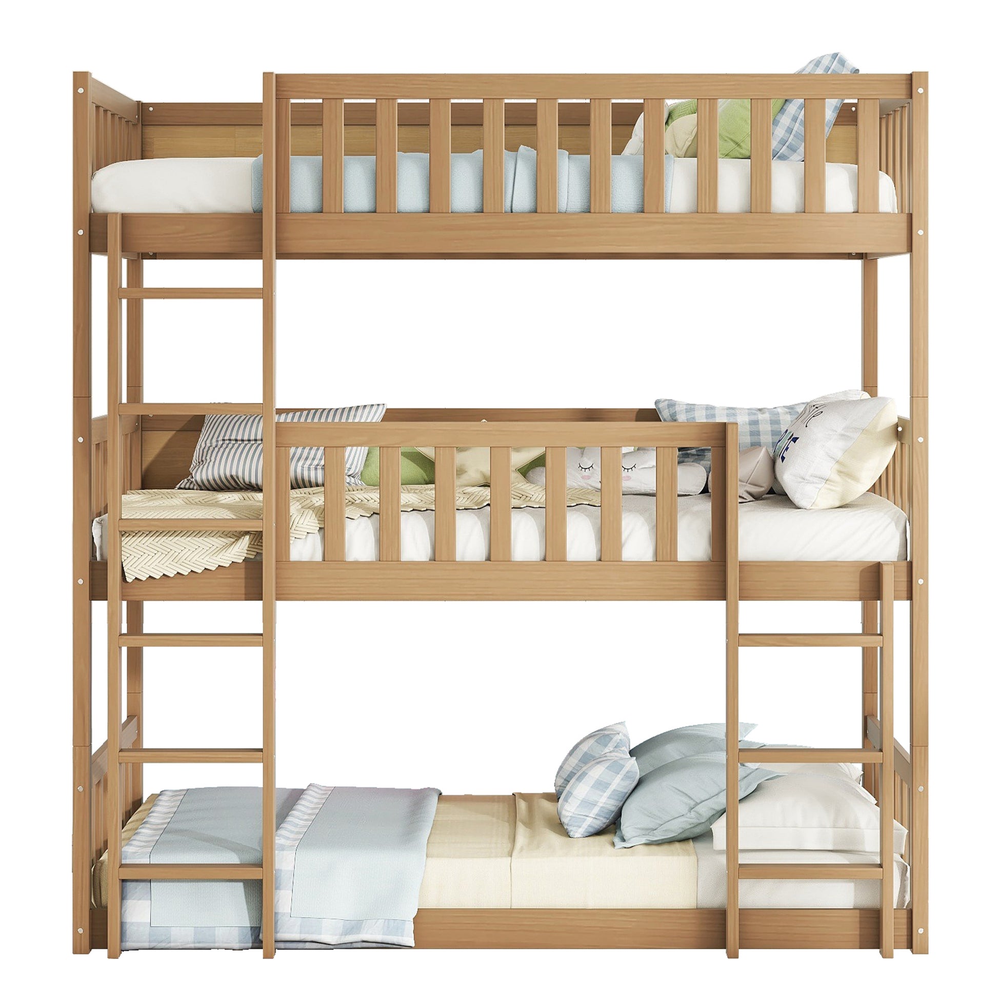 Twin Size Triple Rubber Wood Bunk Bed, With Ladders, Guardrails Detachable Bunk Bed, Twin Over Twin Over Twin,White Oak Twin White Oak Bedroom American Design Bed Frame Rubber Wood