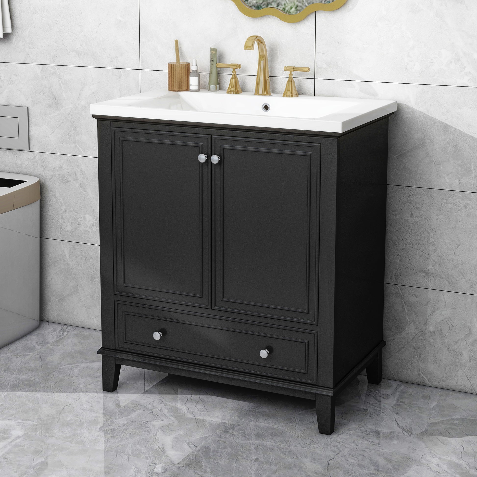 30" Bathroom Vanity With Sink Combo, Multi Functional Bathroom Cabinet With Doors And Drawer, Solid Frame And Mdf Board, Black Black Solid Wood Mdf