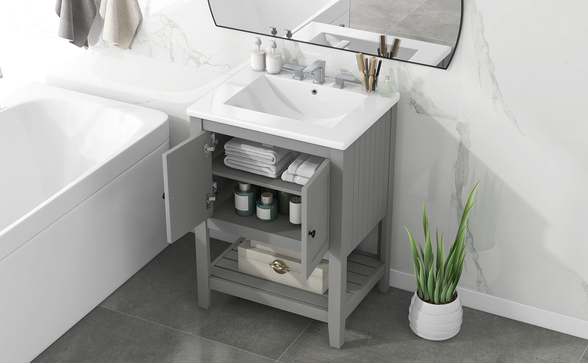 Video 24" Grey Modern Sleek Bathroom Vanity Elegant Ceramic Sink With Solid Wood Frame Open Style Shelf Grey Solid Wood