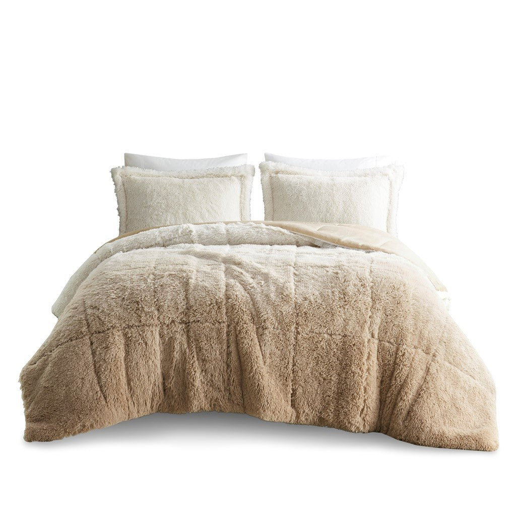 Ombre Shaggy Long Fur Comforter Mini Set Queen Natural Polyester