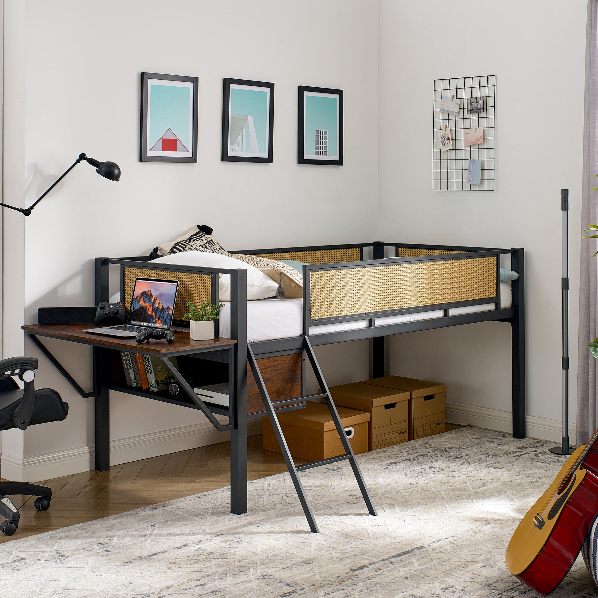 Single Metal Loft Bed With Rectangular Desk, Led Lights, Led Loft Bed Frame Double Bed With Storage Shelves And Hanging Storage Compartments, Safety Guard And Ladder, No Box Springs Required, Rattan G Twin Black Brown Mdf Iron