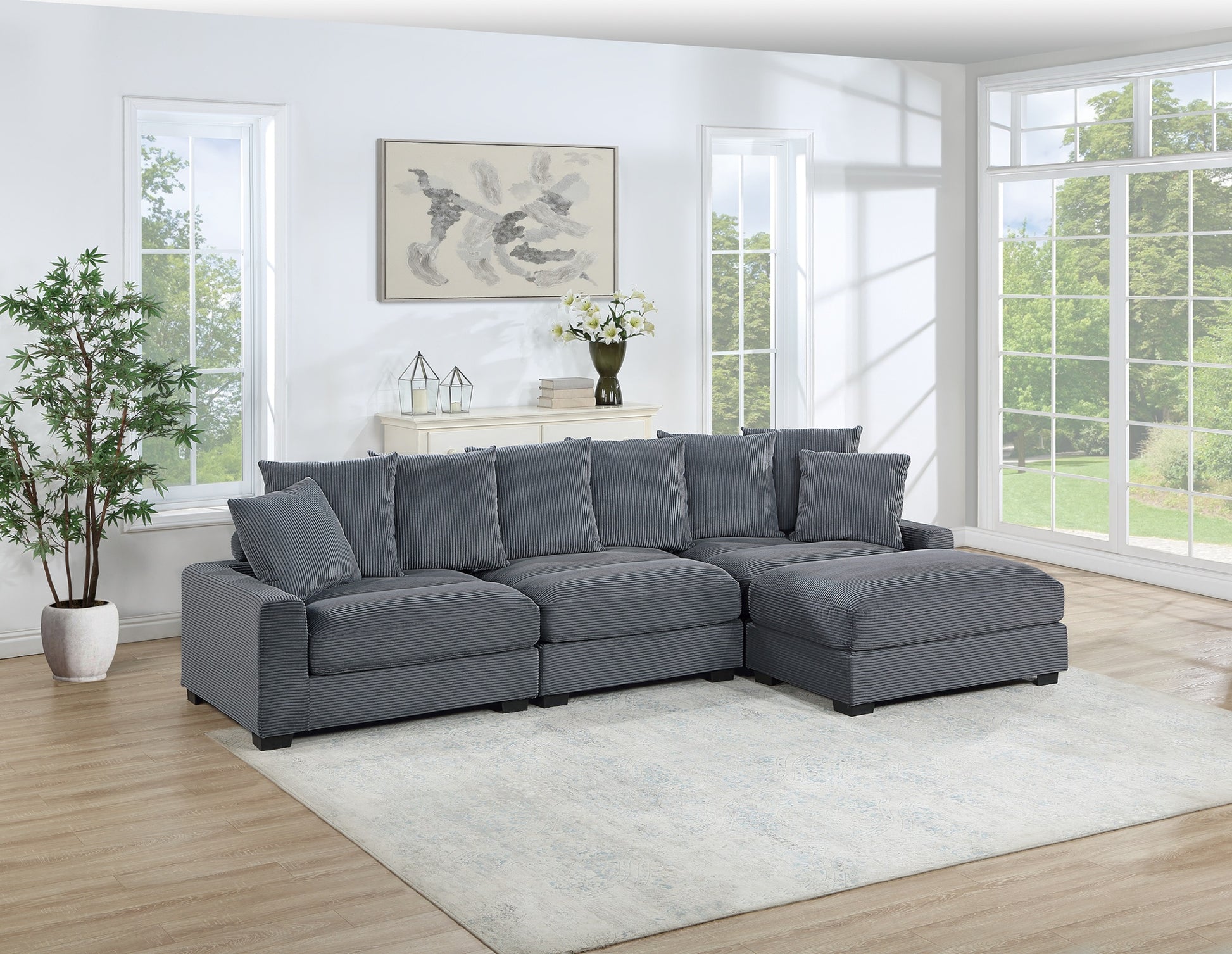 Contemporary Dark Gray 4Pc Modular Sectional Set Corduroy Couch Laf & Raf Chairs Armless Chair Ottoman Living Room Furniture Dark Gray Primary Living Space Cushion Back Contemporary,Modern Modular Rubberwood Corduroy 4 Seat