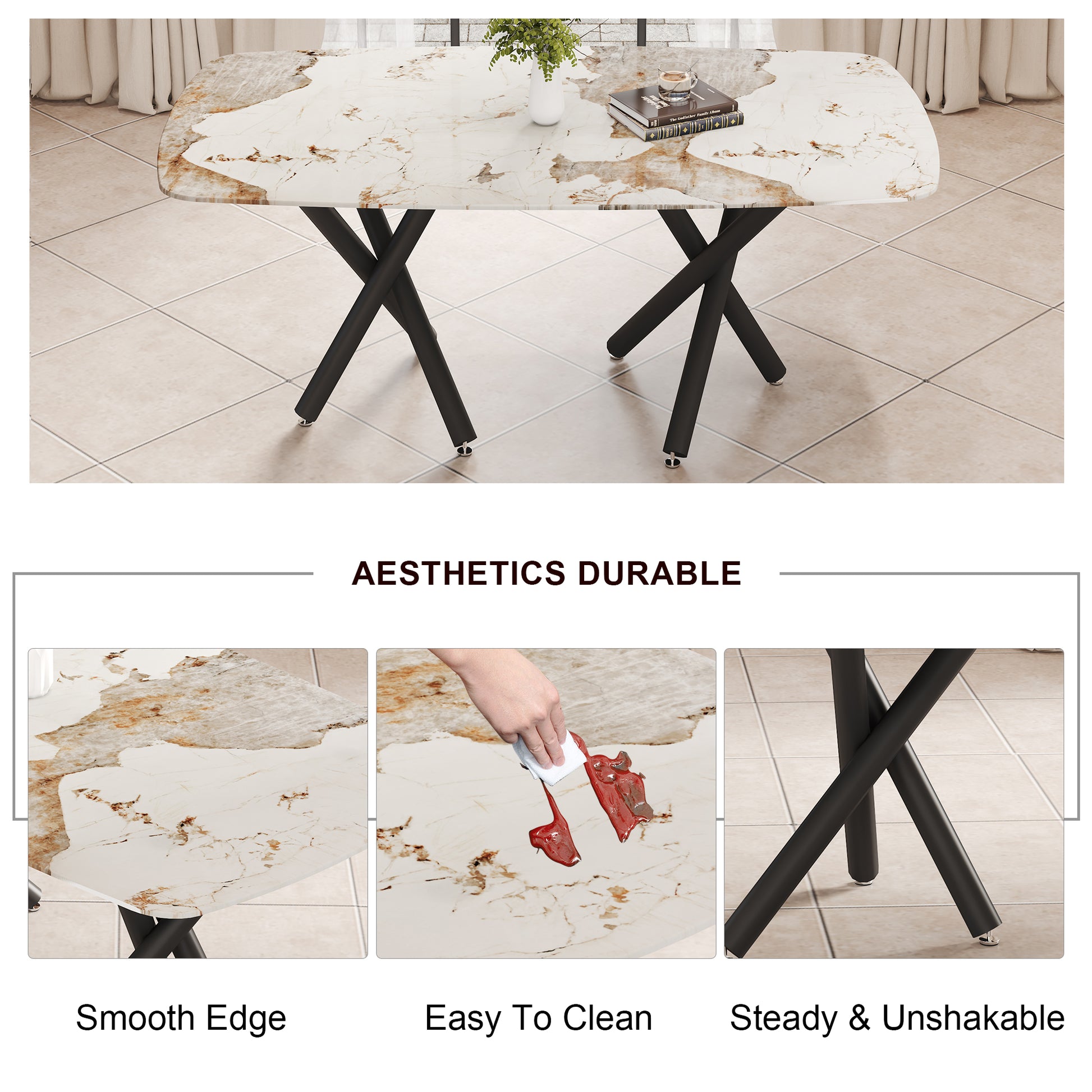 1 Table And 6 Chairs Set.A Rectangular Dining Table With A 0.39 Inch Imitation Marble Tabletop And Black Metal Legs.Paired With 6 Chairs With Pu Leather Seat Cushion And Black Metal Legs.F 1538,C 007 Black Glass Metal