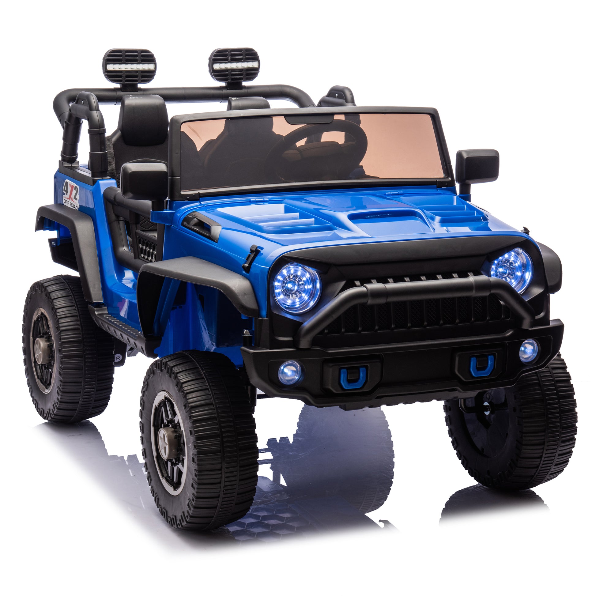 24V Two Seater Kids Ride On Truck Car W Parents Control,200W*2,Seat Width 20.28In,Four Wheel Suspension,Led Lights,Music,Mp3,Bluetooth,Two Independent Seat Belts,Suitable For Off Road For Kids Aged 3 Blue 100 149 Lbs Polypropylene