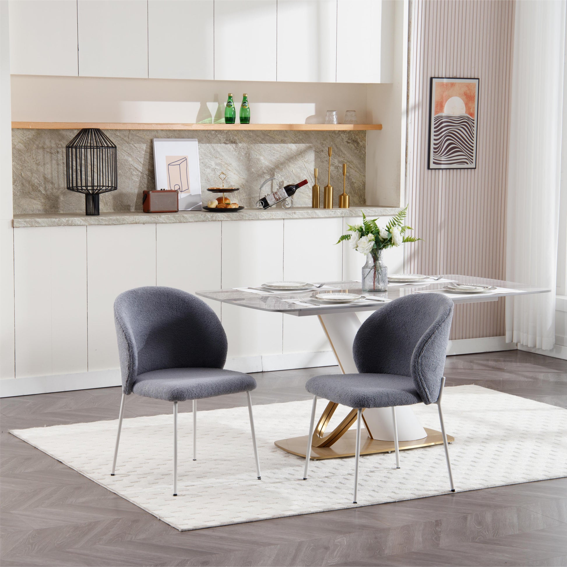 Heng Ming Iron Footed Dining Chair With Adjustable Foot Pads. Suitable For Dining Room, Living Room, Study Room,Set Of 2 Light Gray Wood