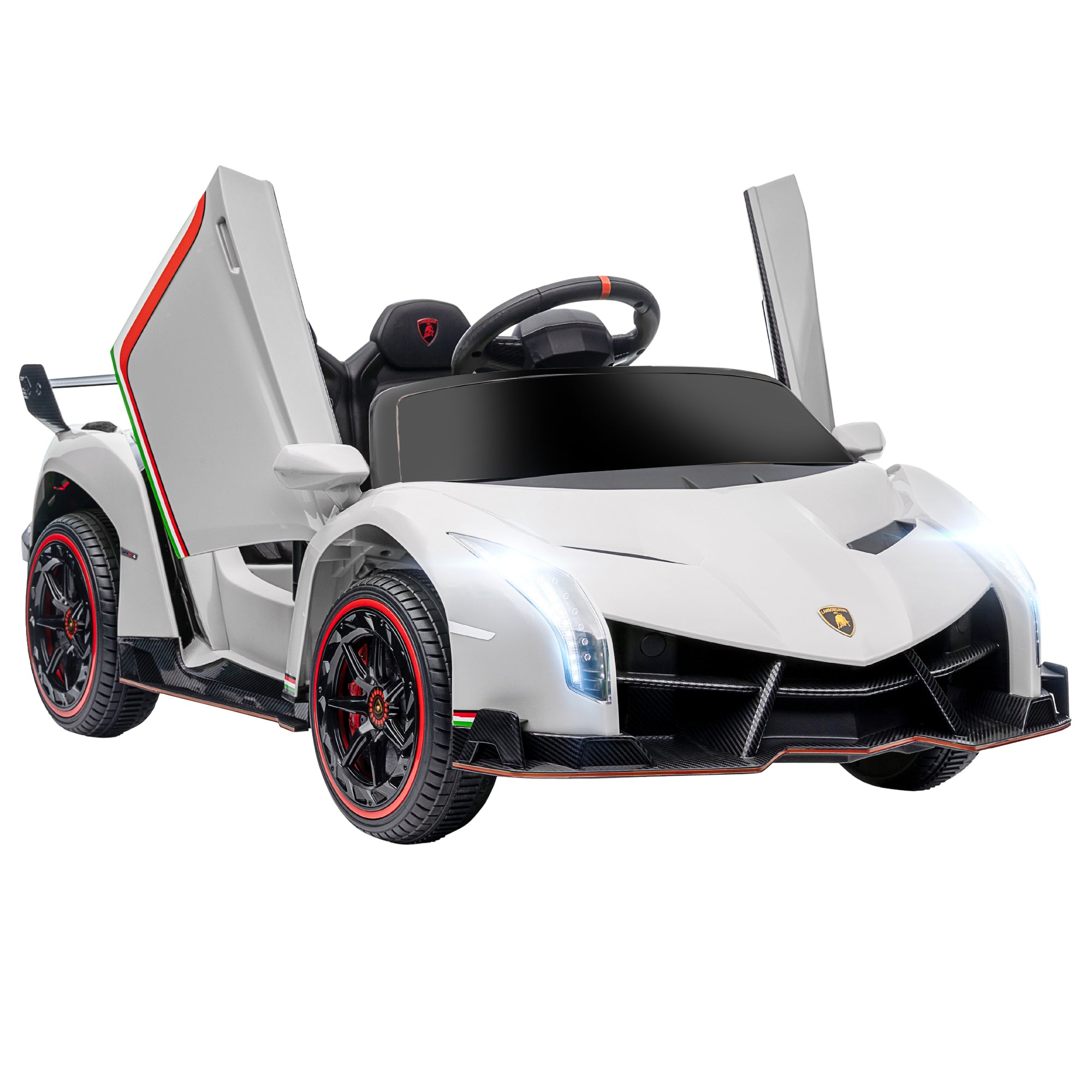 Aosom Lamborghini Veneno Licensed Kids Electric Car With Bluetooth, 12V Ride On Car With Butterfly Doors, Remote Control, Portable Battery, Suspension System, Horn, Songs, Lights, White White Plastic