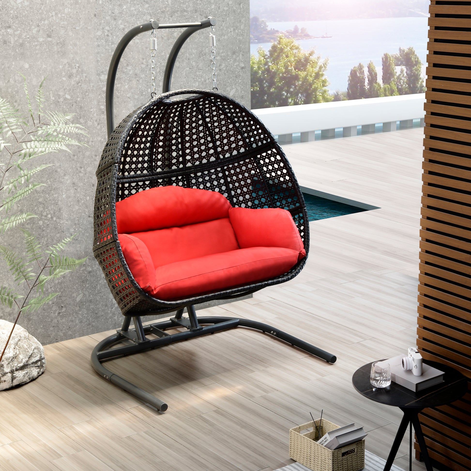 Patio Pe Rattan Double Swing Chair With Stand, Two Person Hanging Chair For Balcony, Courtyard Red Steel