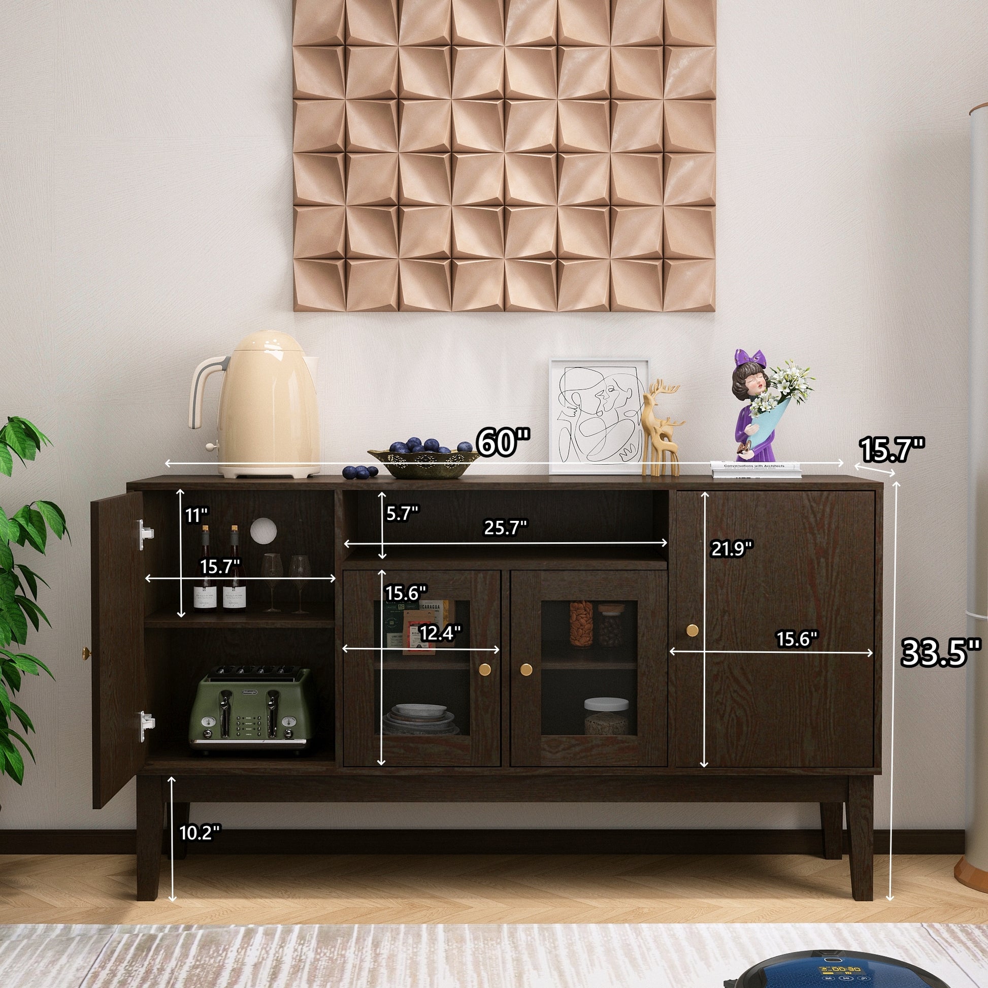 Sideboard Buffet Console Table, Media Cabinet With Adjustable Shelves Espresso Brown Dining Room Antique Adjustabel Shelves Mdf Glass