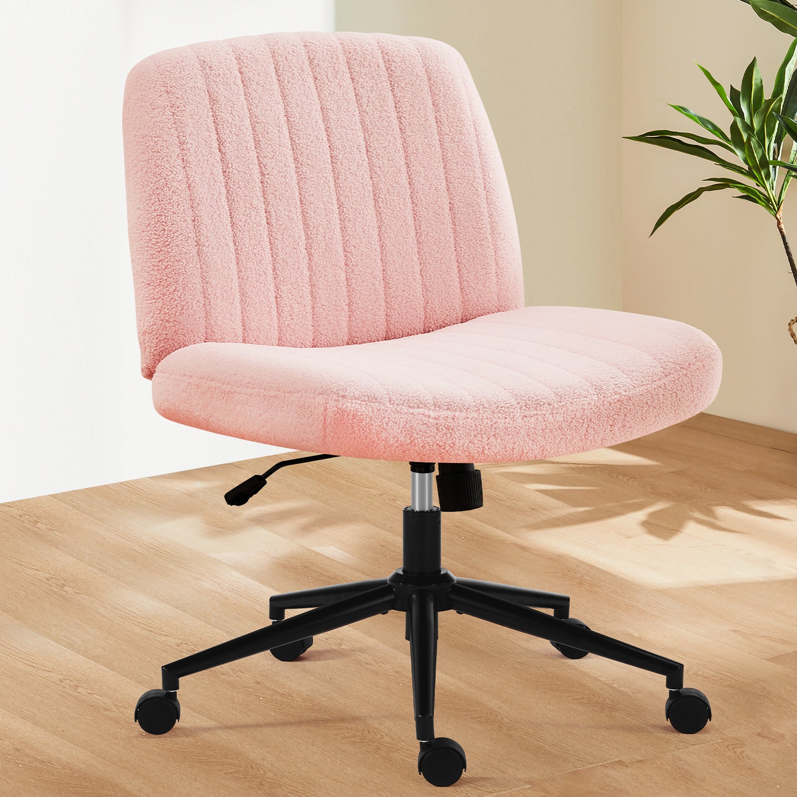 Office Chair, Backrest, Armless Office Chair, Adjustable Swivel For Comfortable Home Office, Pink, Teddy Wool Fabric Pink Stainless Steel