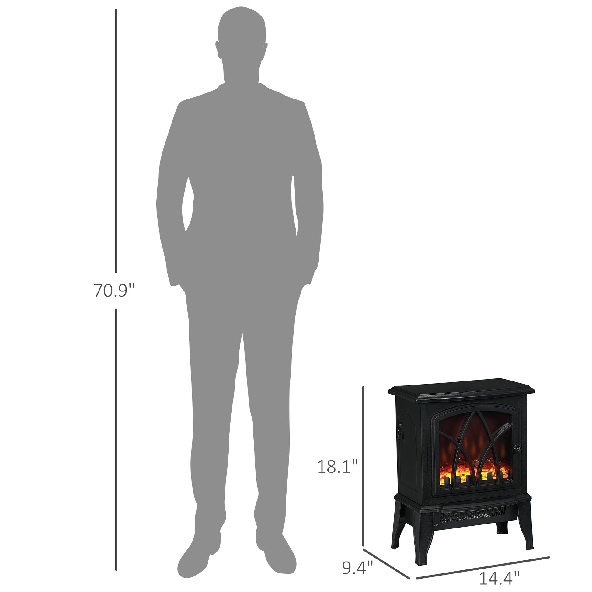 Homcom Electric Fireplace Stove, 18" Freestanding Fireplace Heater With Realistic Flame, Overheating Protection, Portable, 750W 1500W, Black Black Plastic