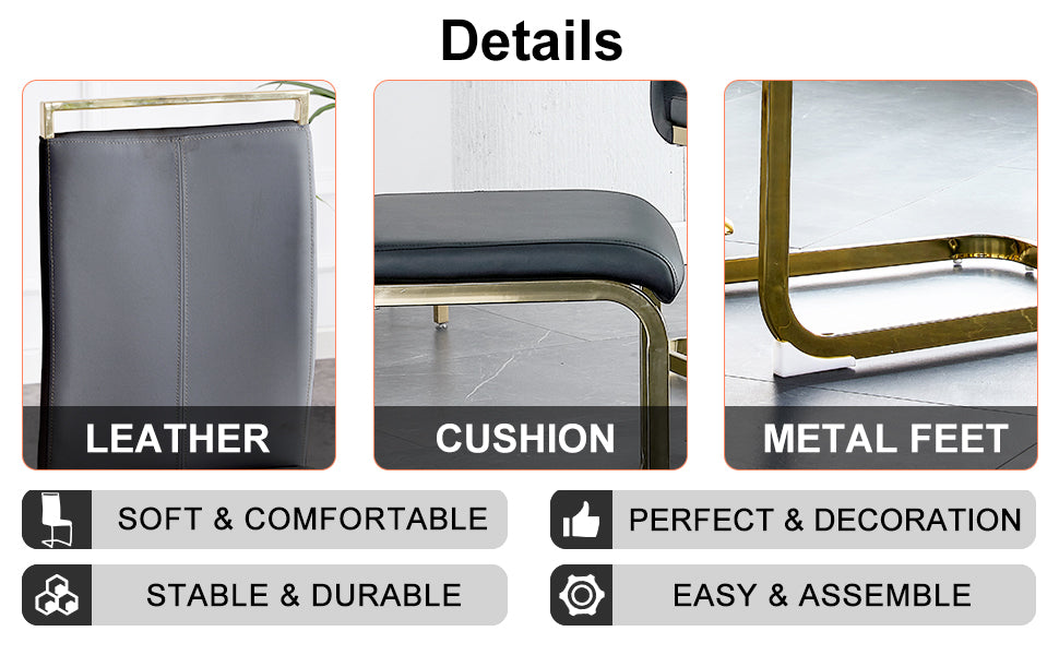 Table And Chair Set, The Table Is Equipped With A Marble Patterned Mdf Tabletop And Gold Table Legs.The Chair Is Equipped With Pu Synthetic Leather High Back Cushion And Gold Coated Metal Legs. Grey Gold Seats 6 Mdf Metal