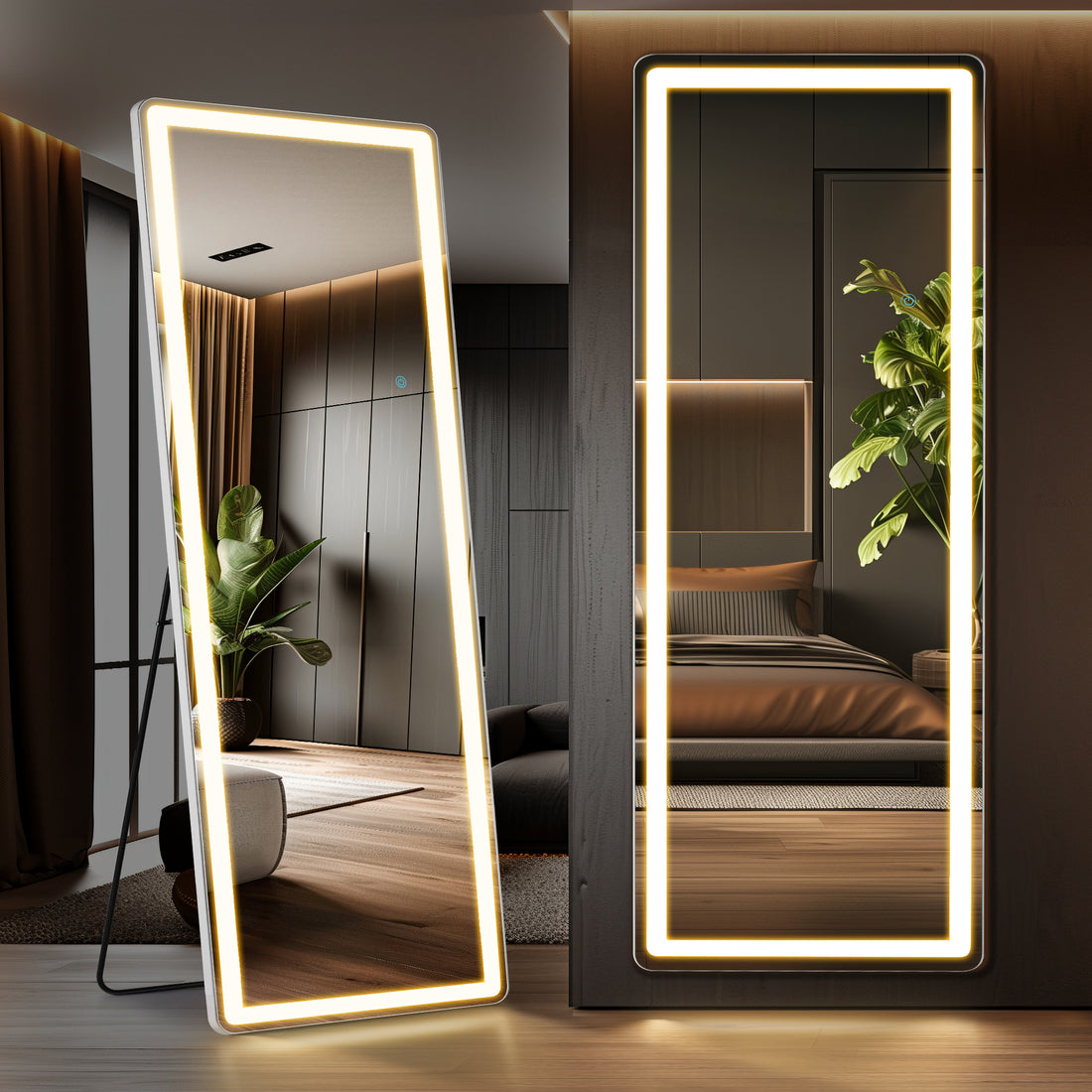 3 Color Lighting Mirror With Led Lights, 71"X26" Lighted Floor Standing Mirror With Stand Black Fiberglass