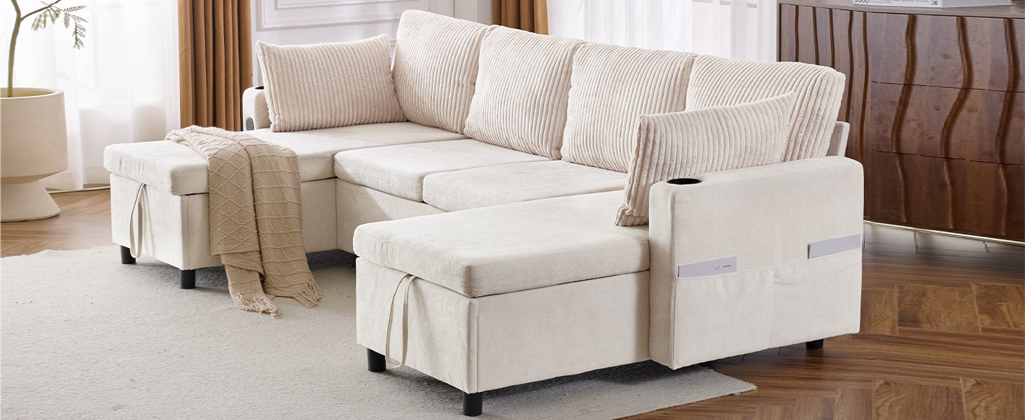 111.8" Sectional Sofa Pull Out Sofa Bed Versatile Sofa Sleeper With Large Storage Space, Two Usb Ports And Two Cup Holders For Living Room, Beige Beige Foam Chenille 4 Seat