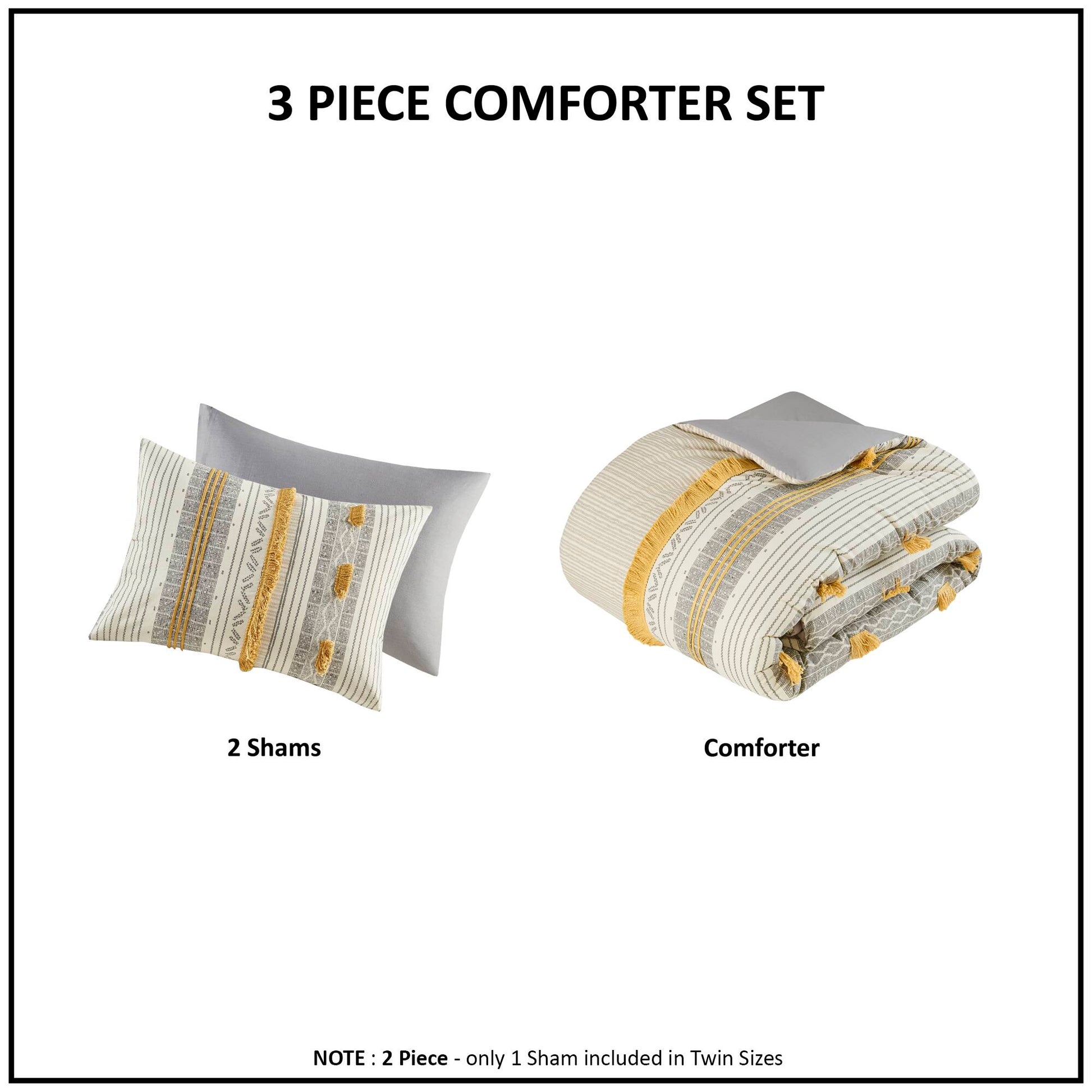 3 Piece Cotton Comforter Set Gray Yellow Full Queen Queen Gray Yellow Cotton