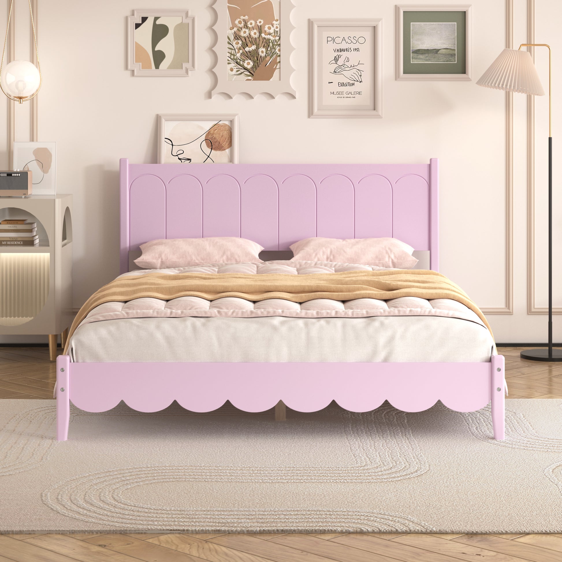 Queen Size Wood Platform Bed Frame, Retro Style Bed With Rectangular Headboard,No Need Box Spring,Pink Queen Pink Wood