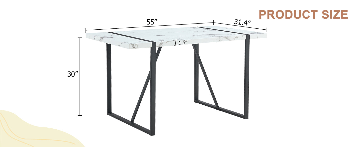 Industrial Rectangular Mdf White Pattern Dining Table For 4 6 People With 1.5 Inch Thick Mdf Top And Black Metal Legs For Desks, Kitchens, Patios, Dining Rooms White Mdf