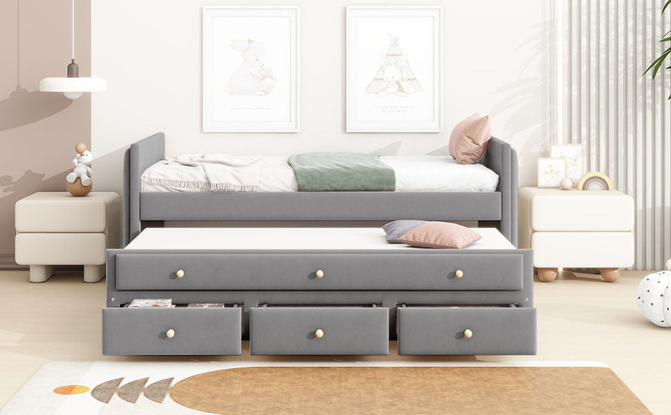 Twin Size Upholstered Daybed With Twin Size Trundle And Drawers, Velvet, Gray Box Spring Not Required Twin Gray Velvet