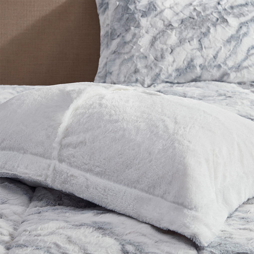 Marble Faux Fur Comforter Set Queen Grey Blue Marble