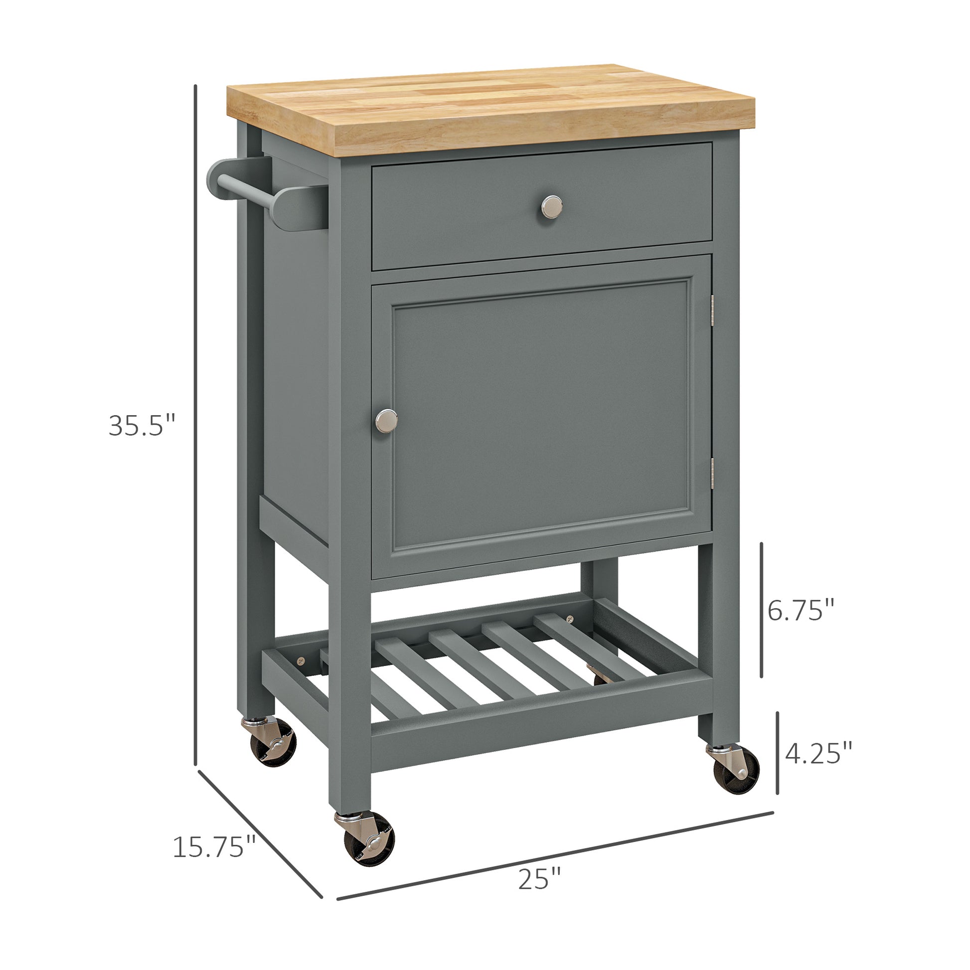 Homcom Utility Kitchen Cart, Rolling Kitchen Island With Smooth Rubberwood Top, Narrow Butcher Block Surface On Wheels With Storage Drawer & Cabinet, Gray Gray Engineered Wood