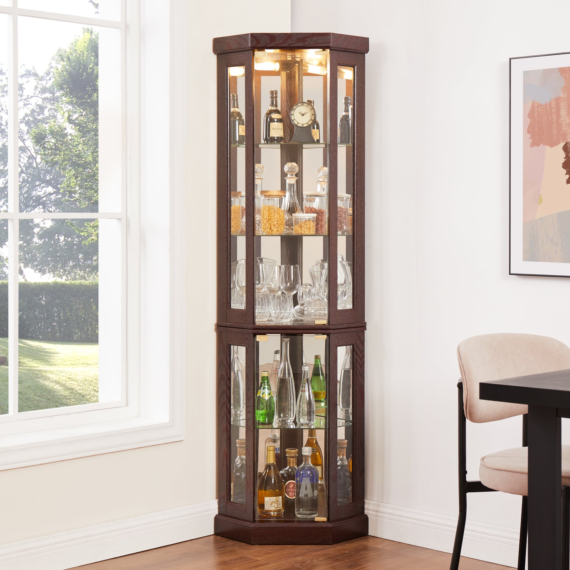 Corner Glass Cabinet Lighted Curio Cabinet Corner Display Case For Living Room, Curio Cabinet, Antique Collection, Wine,Bar Glass Storage Light Included,Dark Cherry Cherry Mdf Glass