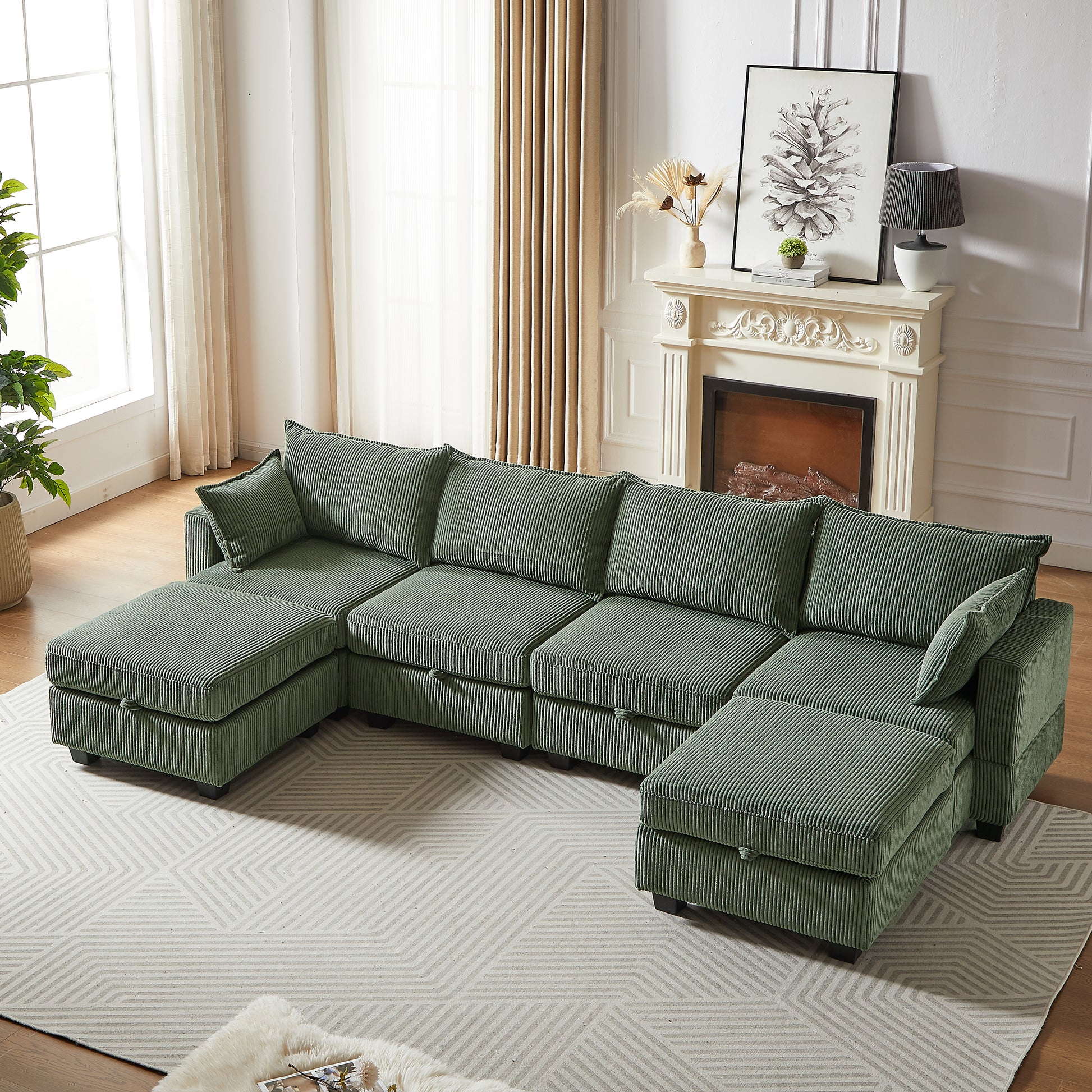 113.5'' Modular Sectiona Corduroy Sofa, Sectional Couches For Living Room U Shaped Sectional Couch With Storage Ottoman, 6 Seats Convertible Sectionals With Chaise Green Corduroy 6 Seat