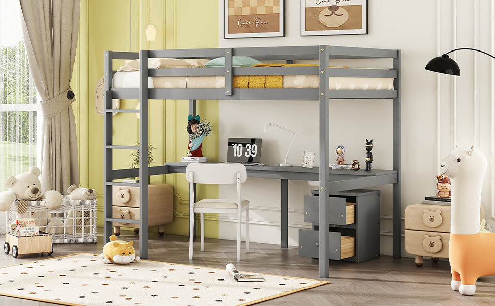 Twin Loft Wood Bed With Under Bed, Built In Desk, A Storage Cabinet Of 2 Drawers, Guardrails, Ladder,Grey Twin Grey Pine