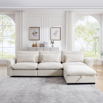 Corduroy Sectional Sofa, L Shaped Couch With Storage Footstool And 3 Pillow, Sectional Couch For Living Room Apartment, Beige Beige Corduroy 3 Seat