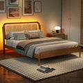 Queen Size Wood Storage Platform Bed With Led Light, Rattan Headboard, Nature Box Spring Not Required Queen Antique Natural Wood Bedroom Bed Frame Wood Rattan