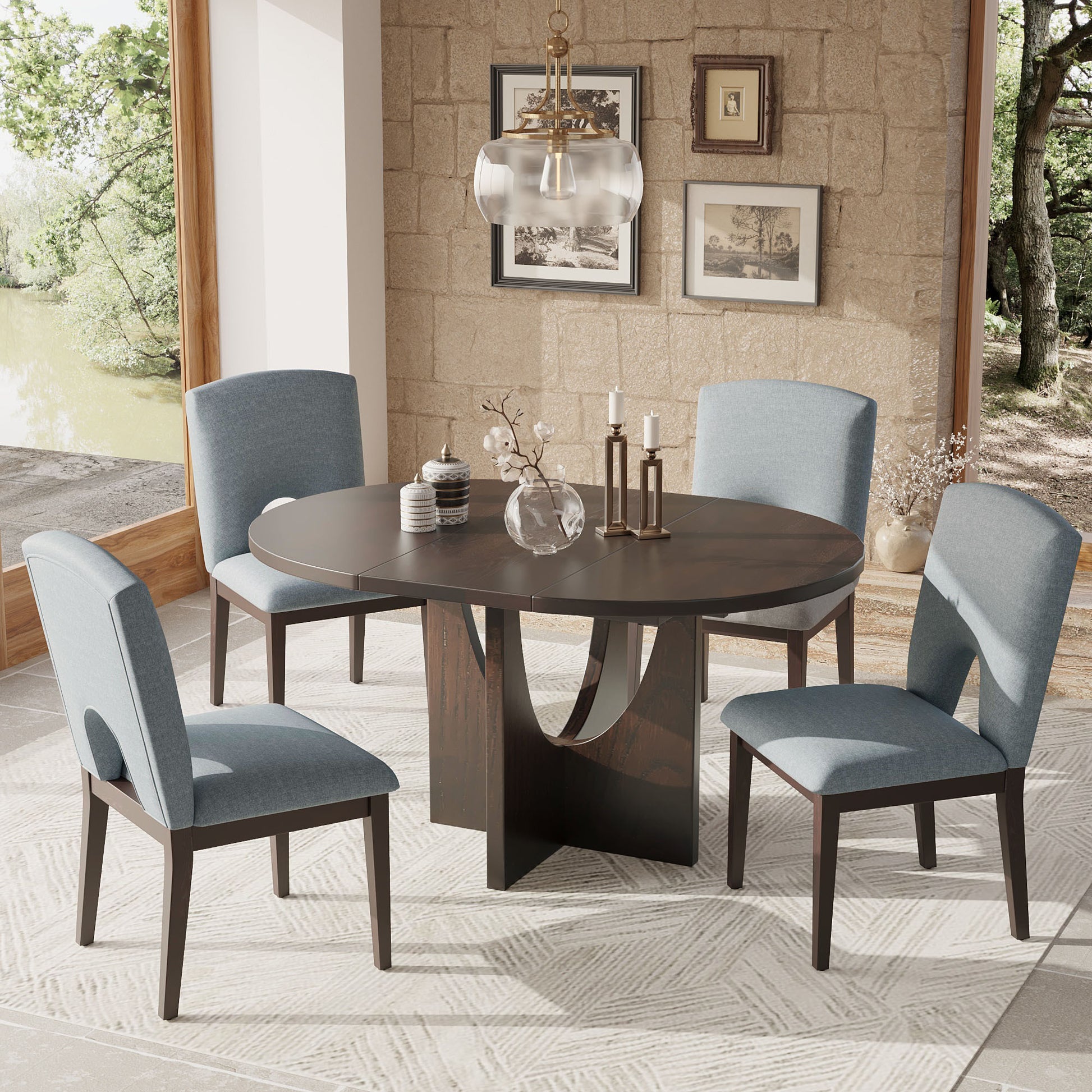 Modern 5 Piece Extendable Round Dining Table Set With 16.2Inch Removable Leaf For Small Places, Espresso Gray Wood Dining Room Solid Wood Rubberwood Round Dining Table With Chair Upholstered Chair Wood Espresso Seats 4 Removable Leaf Contemporary Round