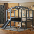 Twin Size Loft Bed With Ladder And Slide, House Bed With Blackboard And Light Strip On The Roof, Gray Twin Gray Solid Wood Mdf