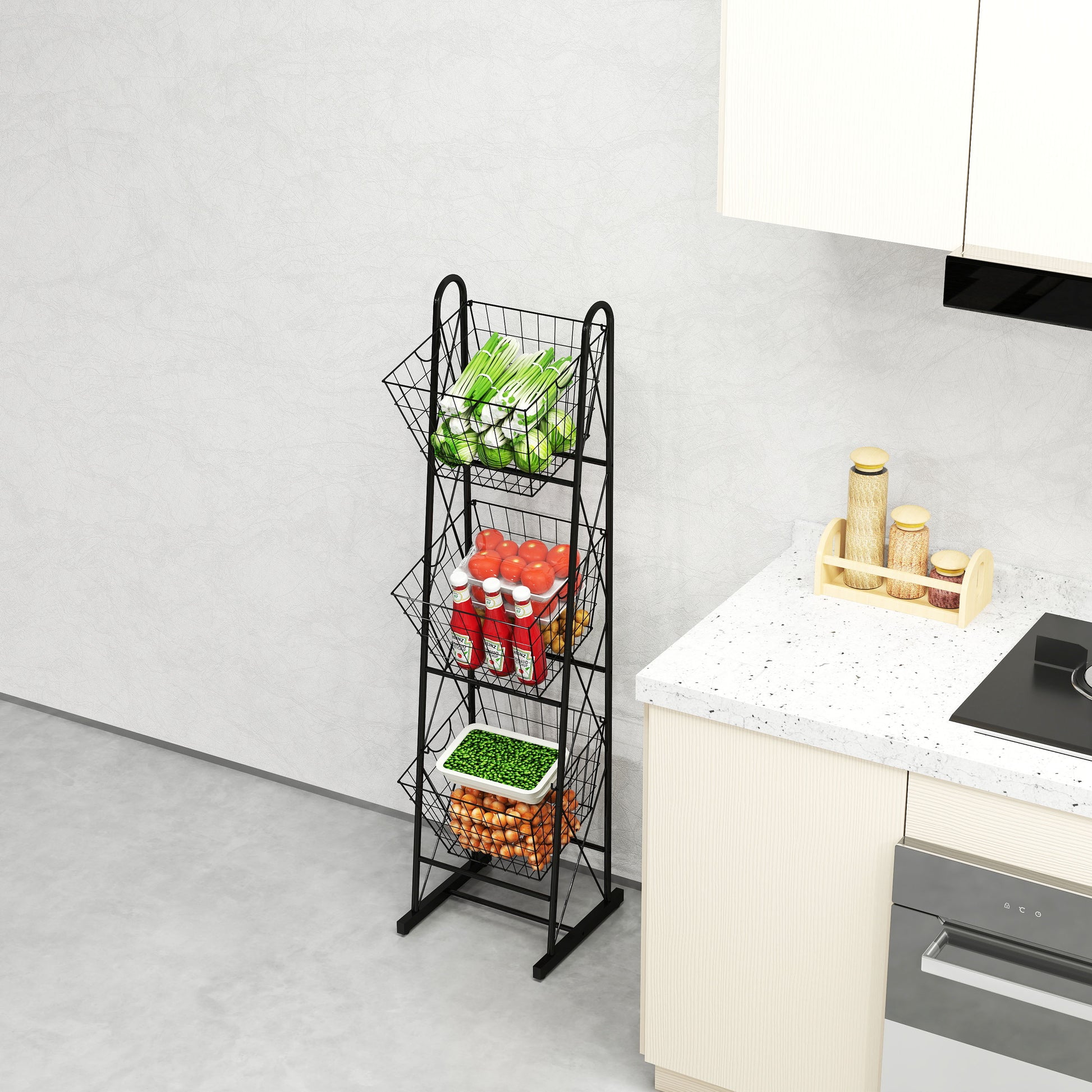 3 Tier Kitchen Storage Basket Organizer, Freestanding Metal Wire Rack For Fruit, Vegetables, And Pantry Items Black Kitchen American Design,American Traditional Metal