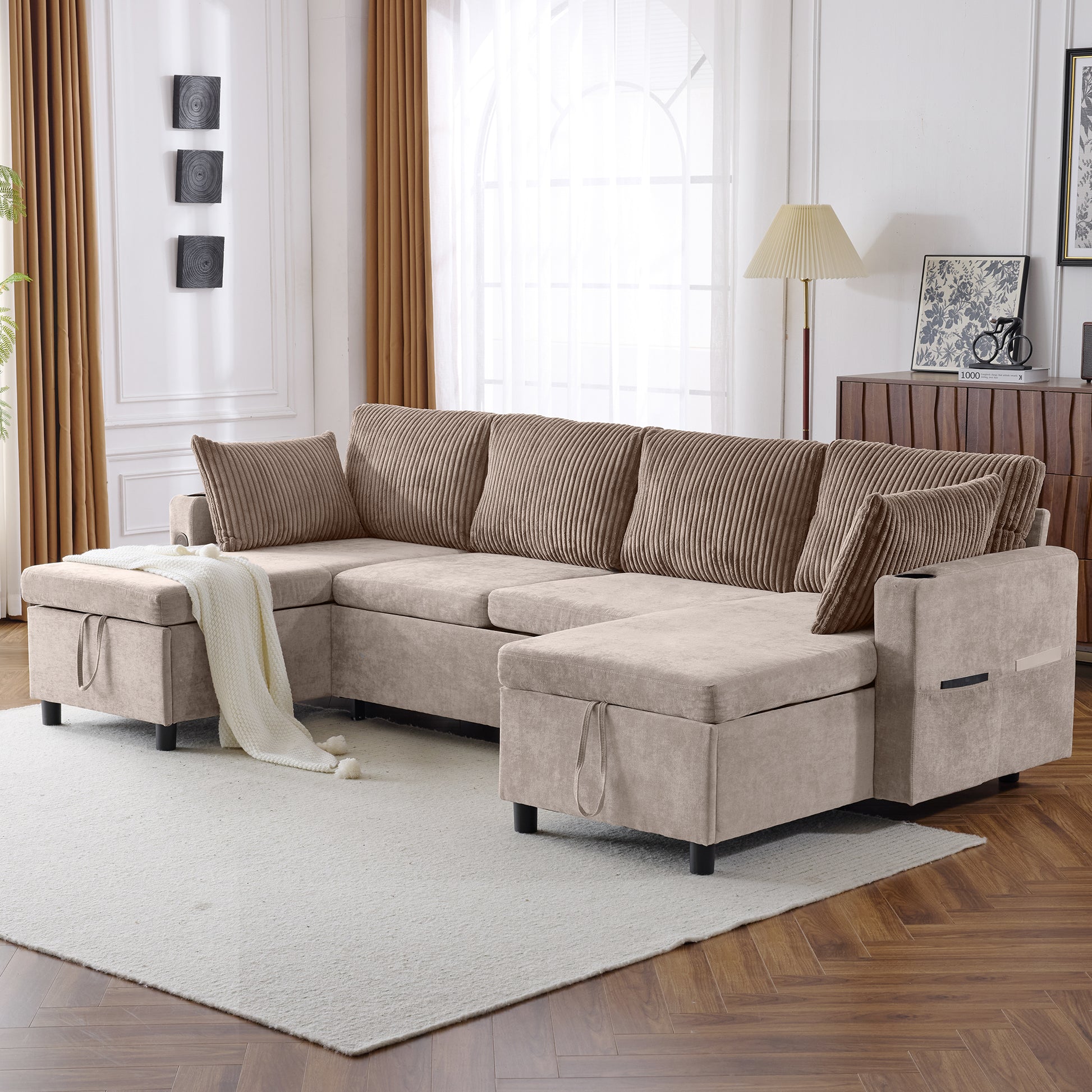 111.8" Sectional Sofa Pull Out Sofa Bed Versatile Sofa Sleeper With Large Storage Space, Two Usb Ports And Two Cup Holders For Living Room, Brown Brown Foam Chenille 4 Seat