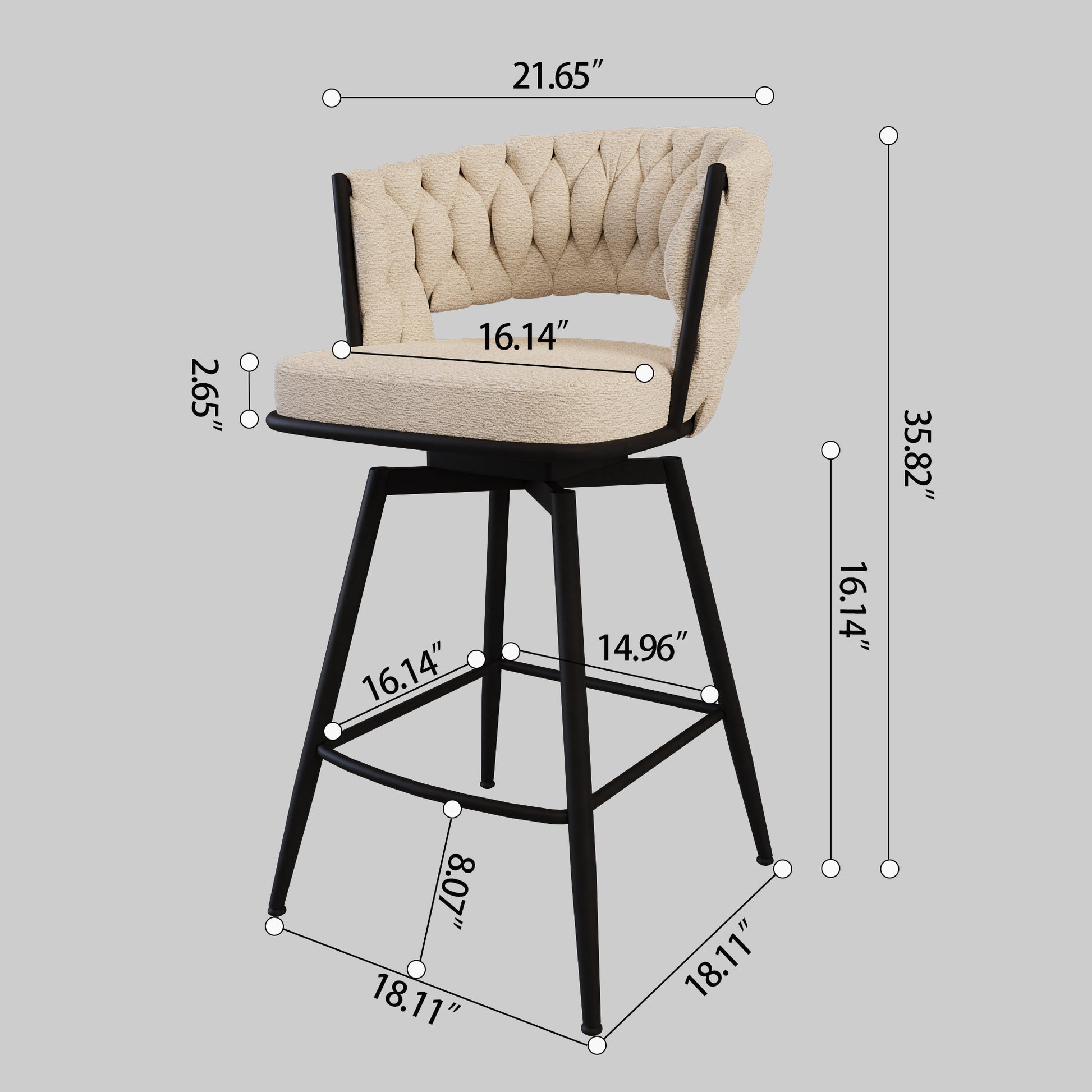 Bar Chair Suede Woven Bar Stool Set Of 4,Black Legs Barstools No Adjustable Kitchen Island Chairs,360 Swivel Bar Stools Upholstered Bar Chair Counter Stool Arm Chairs With Back Footrest, White Metal White Kitchen Dining Chairs Foam Technical Leather