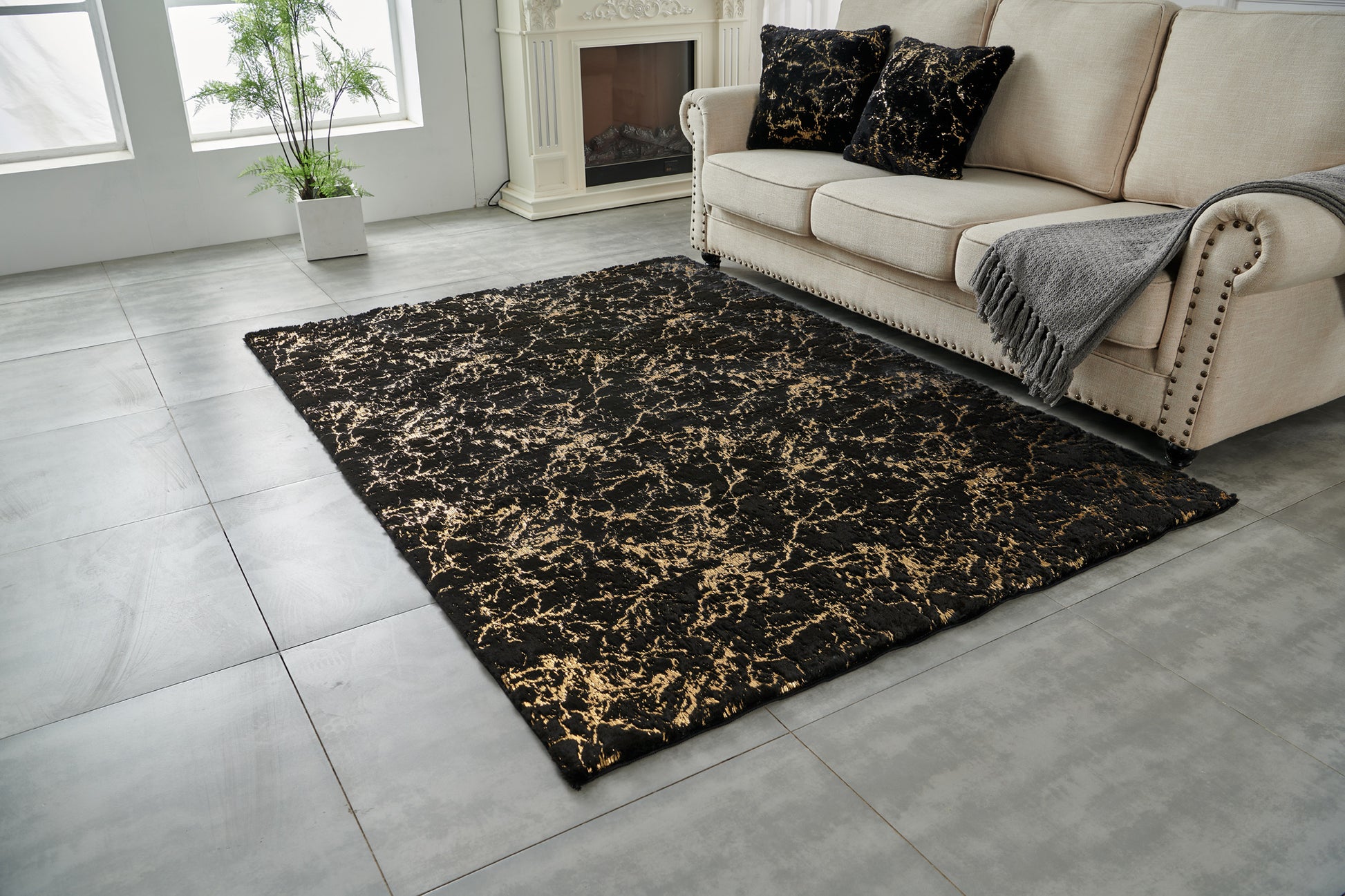 Luxury Machine Washable Black Abstract Gold Gilded Chinchilla Faux Fur Area Rug Black Gold Polyester