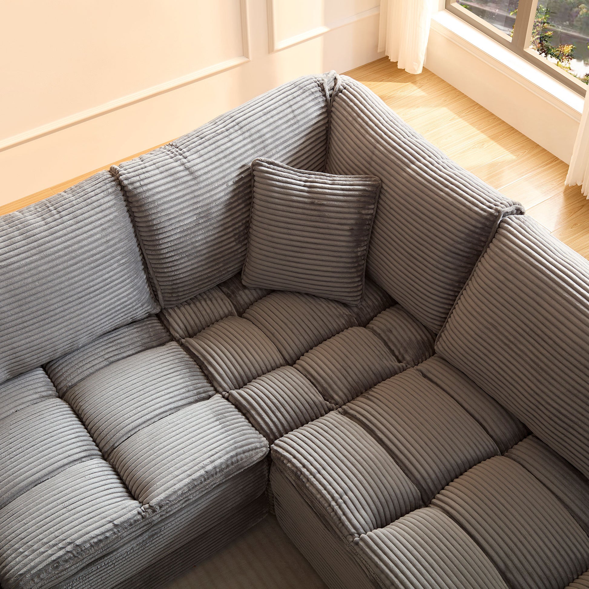 5 Seats,Oversized Sectional Sofa,L Shaped Corner Couch With Detachable Seat & Back Cushion, Corduroy Upholstery Convertible Sleeper Sofa&Couch For Living Room Grey Fabric 5 Seat