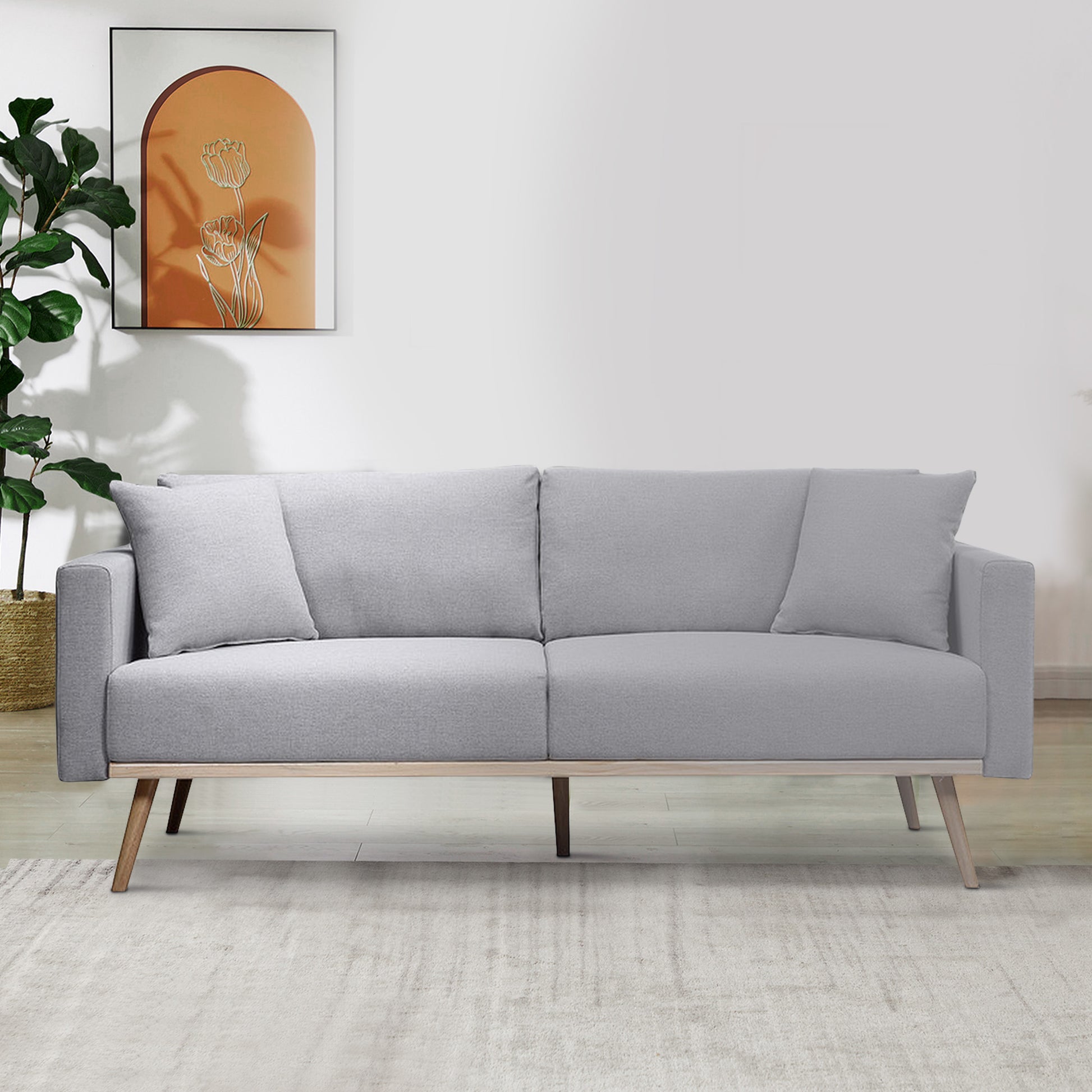 Mico 75 Inch Modern Sofa, Usb Charging Ports And Side Pocket, Light Gray Gray Solid Wood 3 Seat