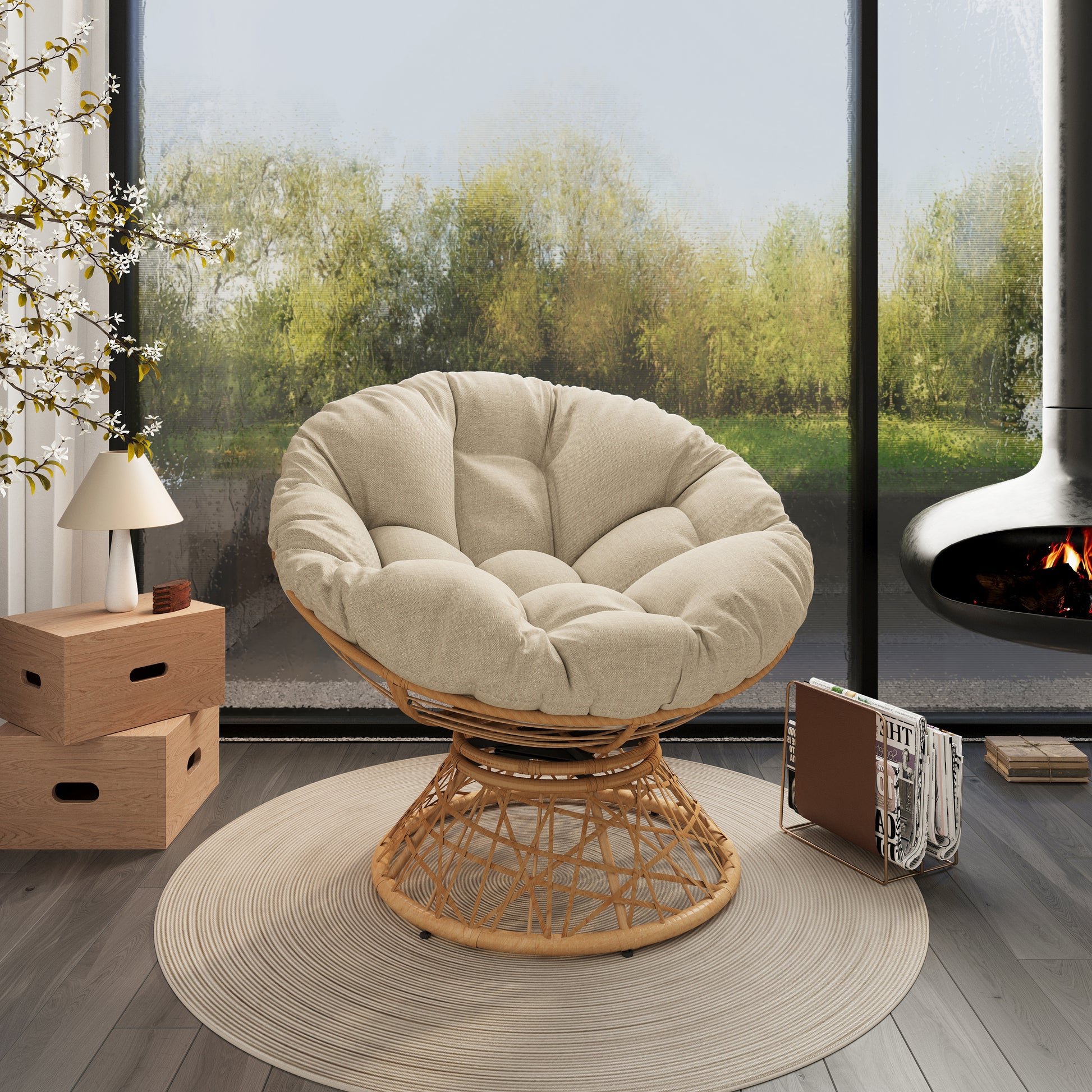 40" Ergonomic Wicker Chair With Cloud Thick Density Fabric Cushion,3 Proof Cover,High Capacity Iron Frame,Fluid 360 Degree Swivel For Reading,Living Room, Bedroom,Lounge,Natural Base,2 Colors