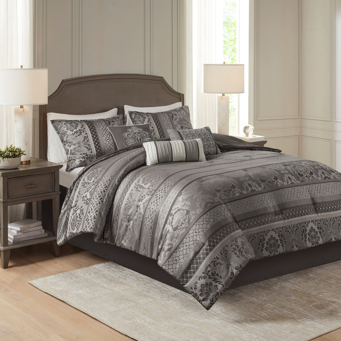 7 Piece Jacquard Comforter Set Grey Queen Queen Grey Polyester