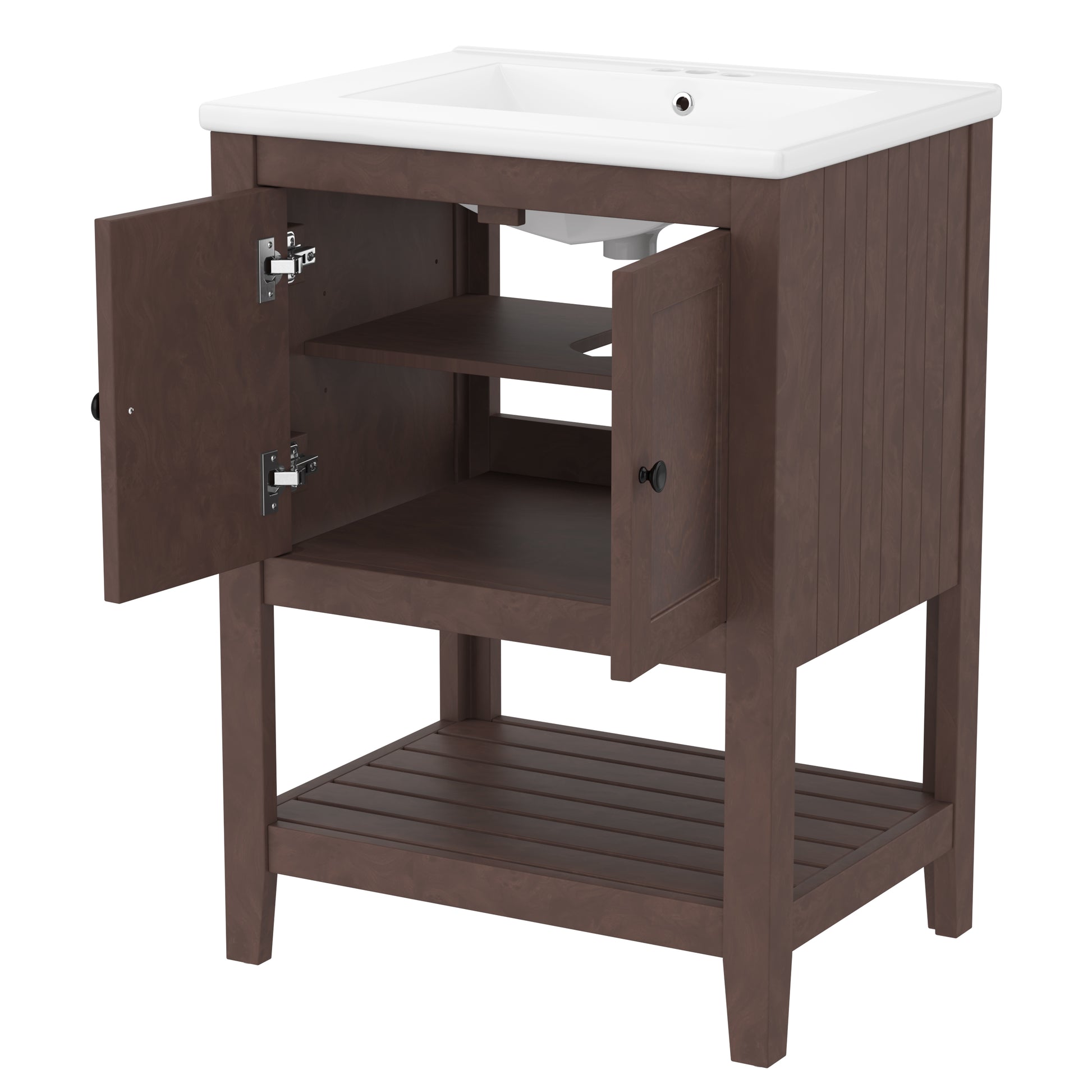 Video 24" Brown Modern Sleek Bathroom Vanity Elegant Ceramic Sink With Solid Wood Frame Open Style Shelf Brown Solid Wood Mdf