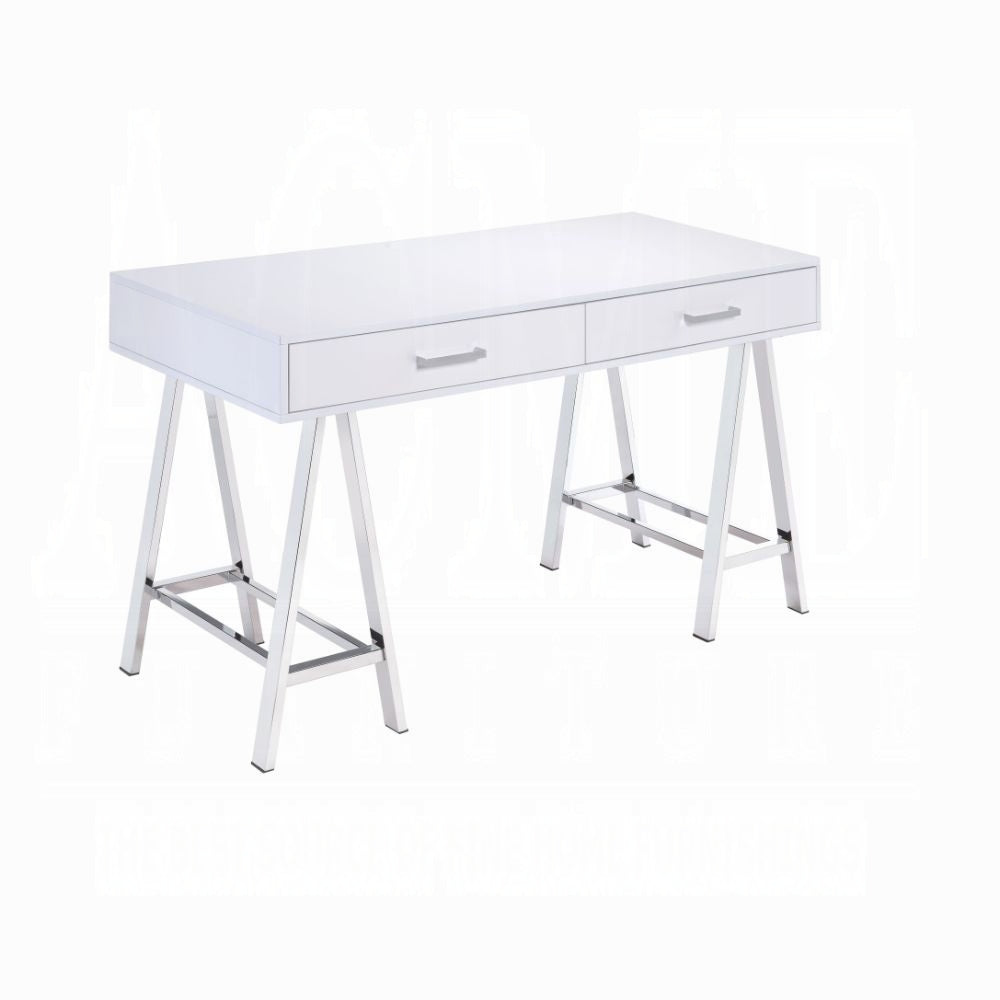 White High Gloss And Chrome 2 Drawer Writing Desk White Silver Writting Desk Office Modern Rectangular Drawers Wood Metal