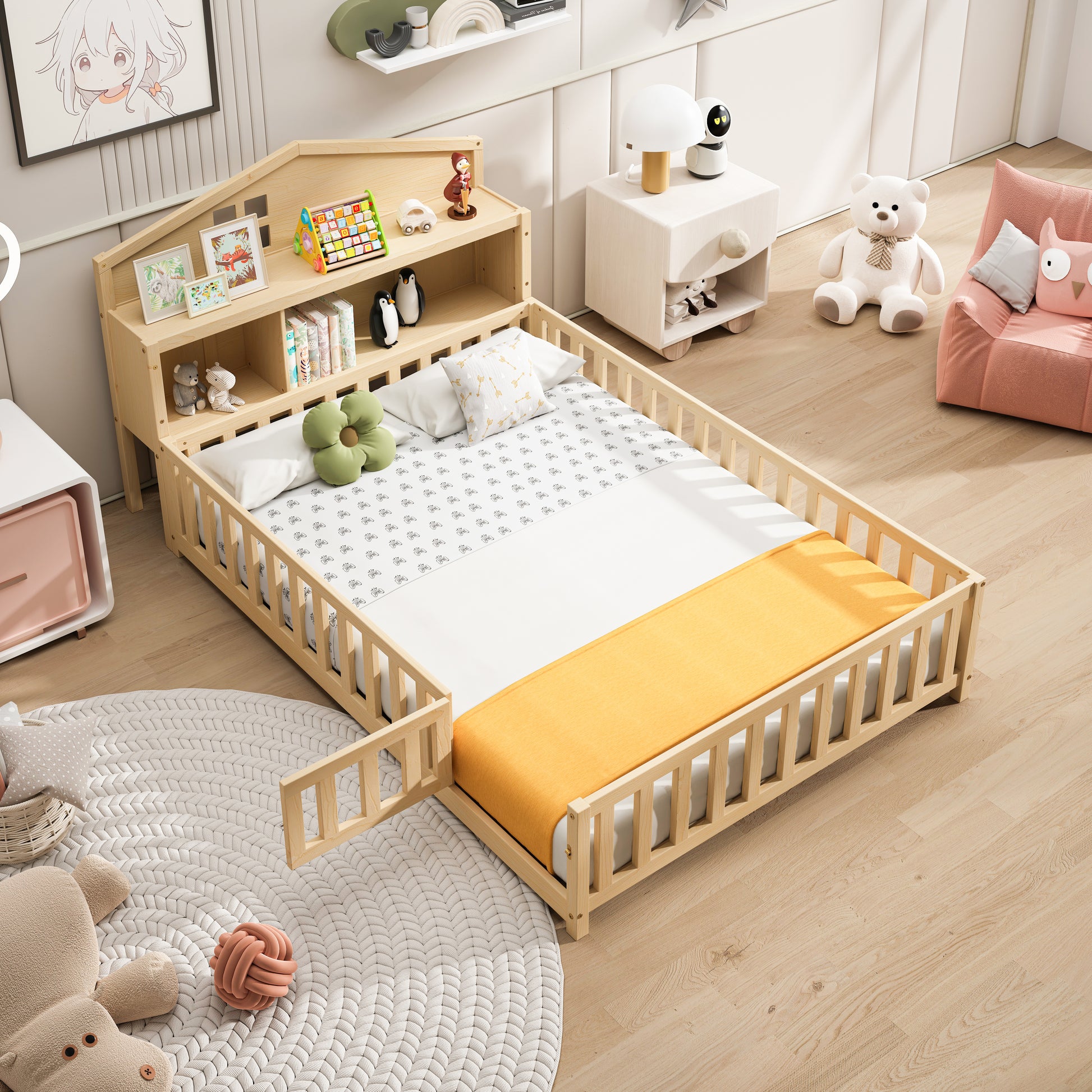 Full Size Floor Beds With Bookcases And Blackboards, Versatile Platform Beds With Guard Rails, Solid Wood Floor Beds With Storage Headboards, Floor Beds For Kids And Teens Natural Full Natural Plywood