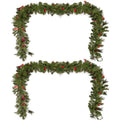 2 Packed 9'X10'' Glitter Bristle Mixed Garland With 15 Red Berry And 15 Pine Cones And With 50 Warm White Led Lights With Timer Battery Operated Outdoor,180 Tips Green Pvc