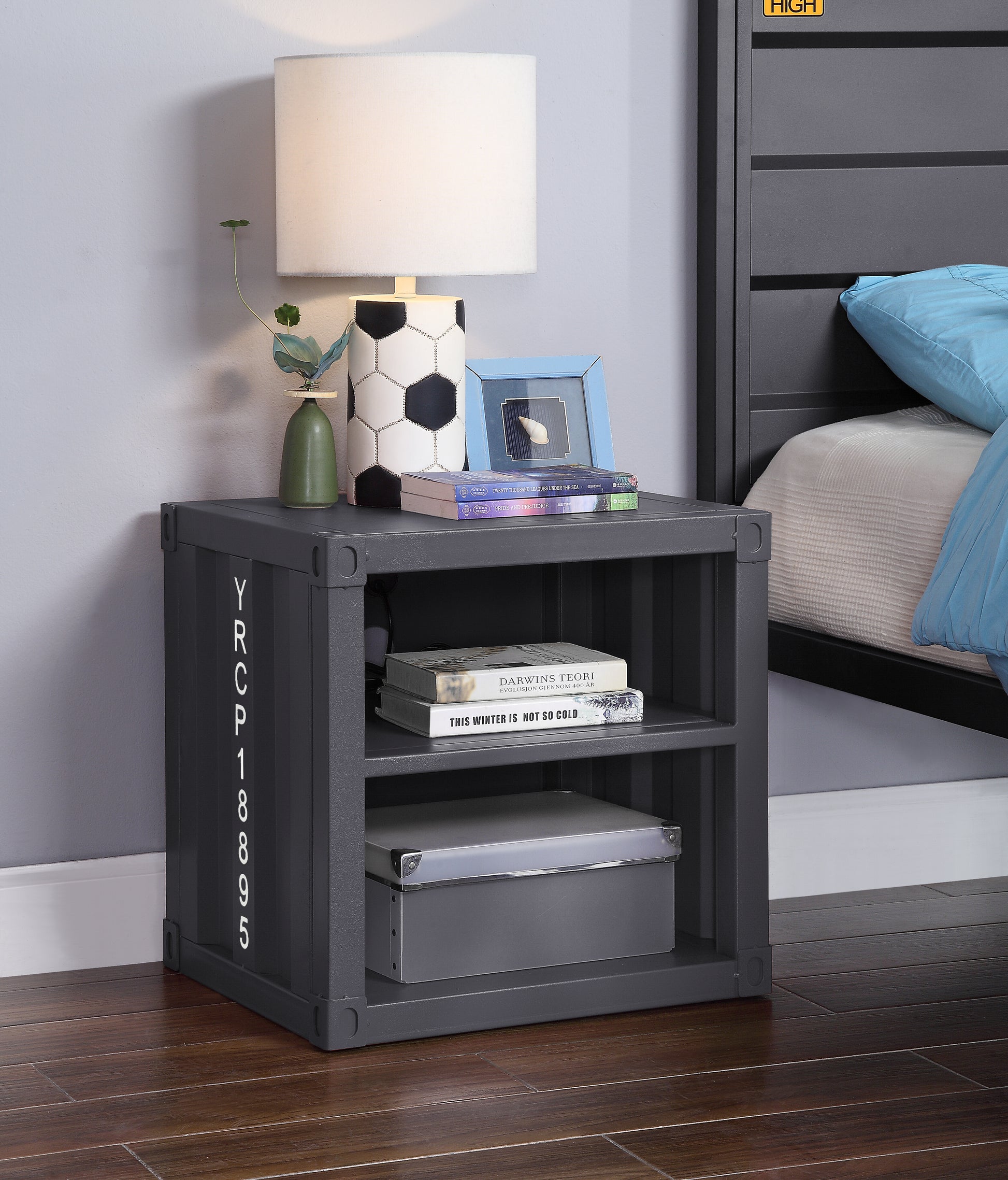Gunmetal Nightstand With Open Shelf Gunmetal Bedroom Rectangle Contemporary,Industrial Shelf Metal