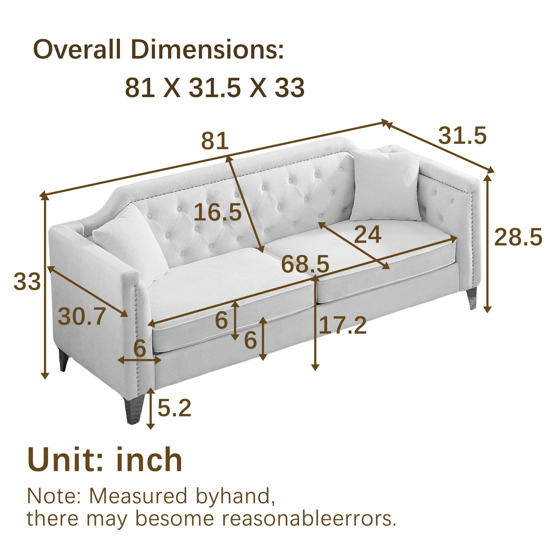 Fx81"Mid Century Design Modern Sofa,Chenille Pull Buckle Design Sofa For Living Room,Buttons Tufted With Copper Nail Decoration Armrest, With 2 Pillows,Modern Couch Upholstered Button And Metal Legs Black Chenille Pine Foam Fabric 3 Seat