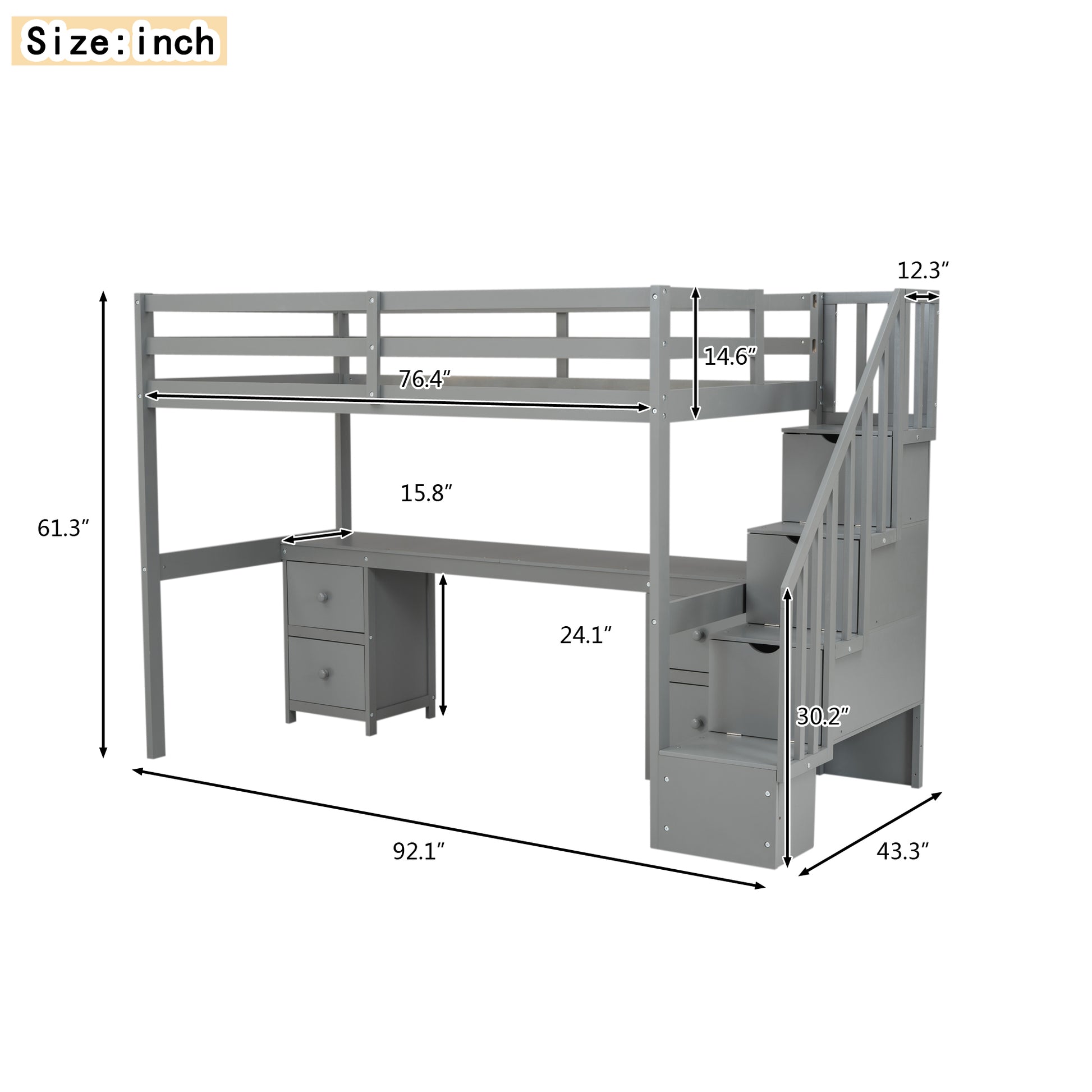 Twin Size Loft Bed Frame With Built In Desk And Double Storage Drawers,Gray Twin Gray Solid Wood Mdf