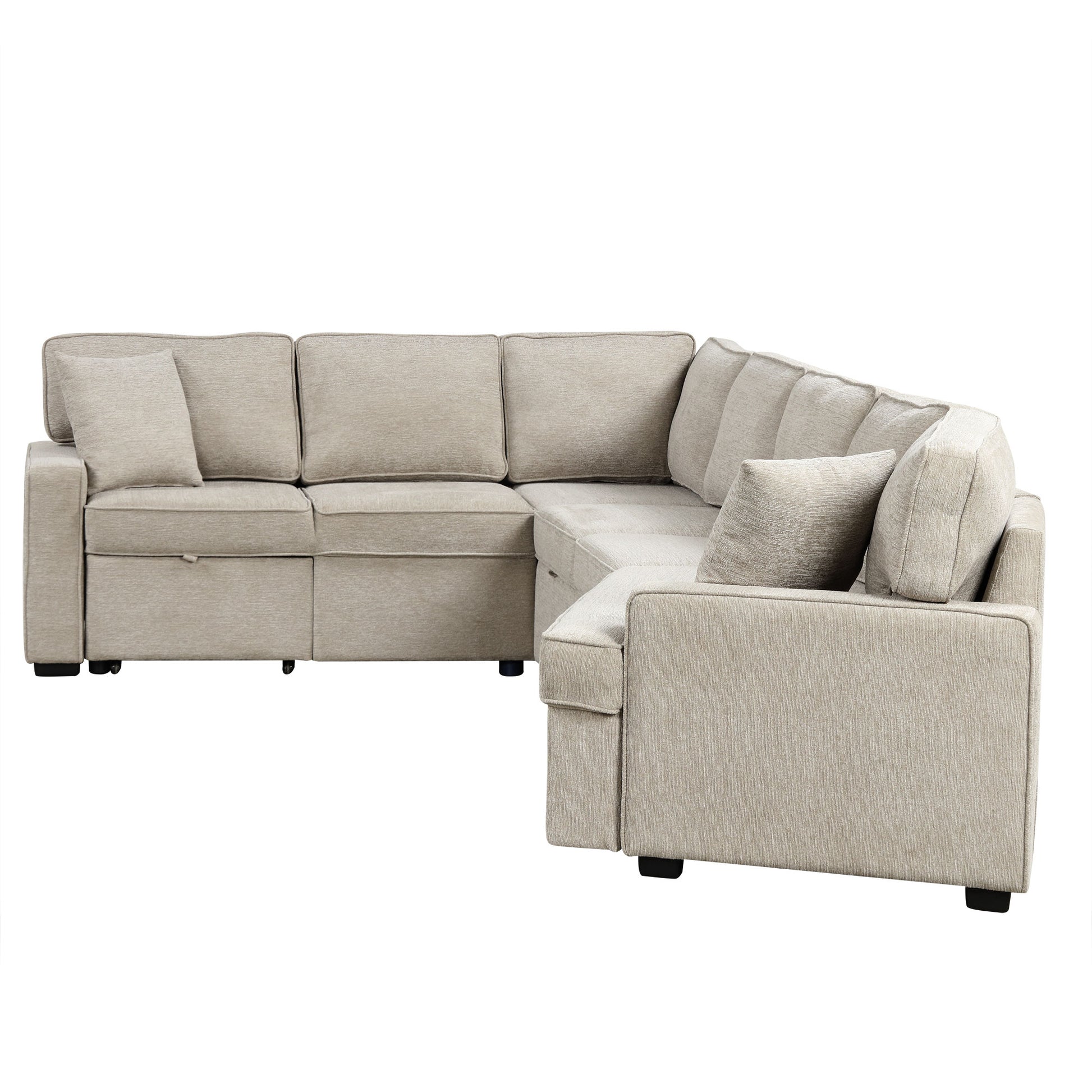 126" L Shaped Sofa Sectional Sofa Couch Pull Out Sofa Bed With Charging Devices And Cup Holders For Living Room, Beige Beige Foam Chenille 6 Seat