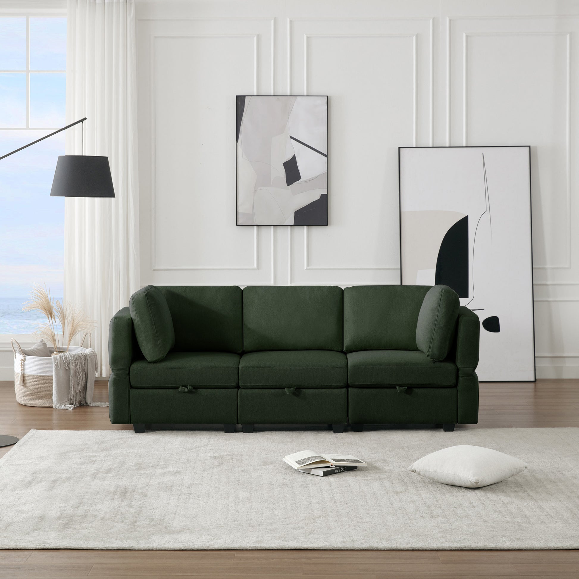 Oversized Modular Sectional Convertible Fabric Sofa Set,Extra Large Sectional Storage Seat Couch For Living Room, 3 Seat Modern Modular Sofa Green Green Polyester 3 Seat