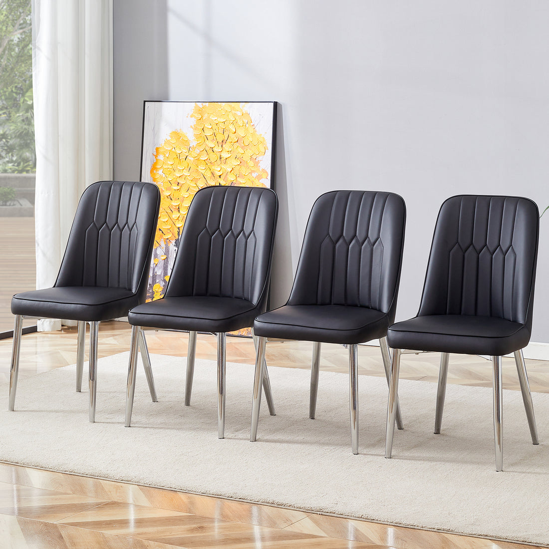 4 Modern Dining Chairs, Smooth Pu Leather Backrest And Silver Toned Metal Legs For A Comfortable Home Experience For Kitchens, Bedrooms And Offices. Black Pu