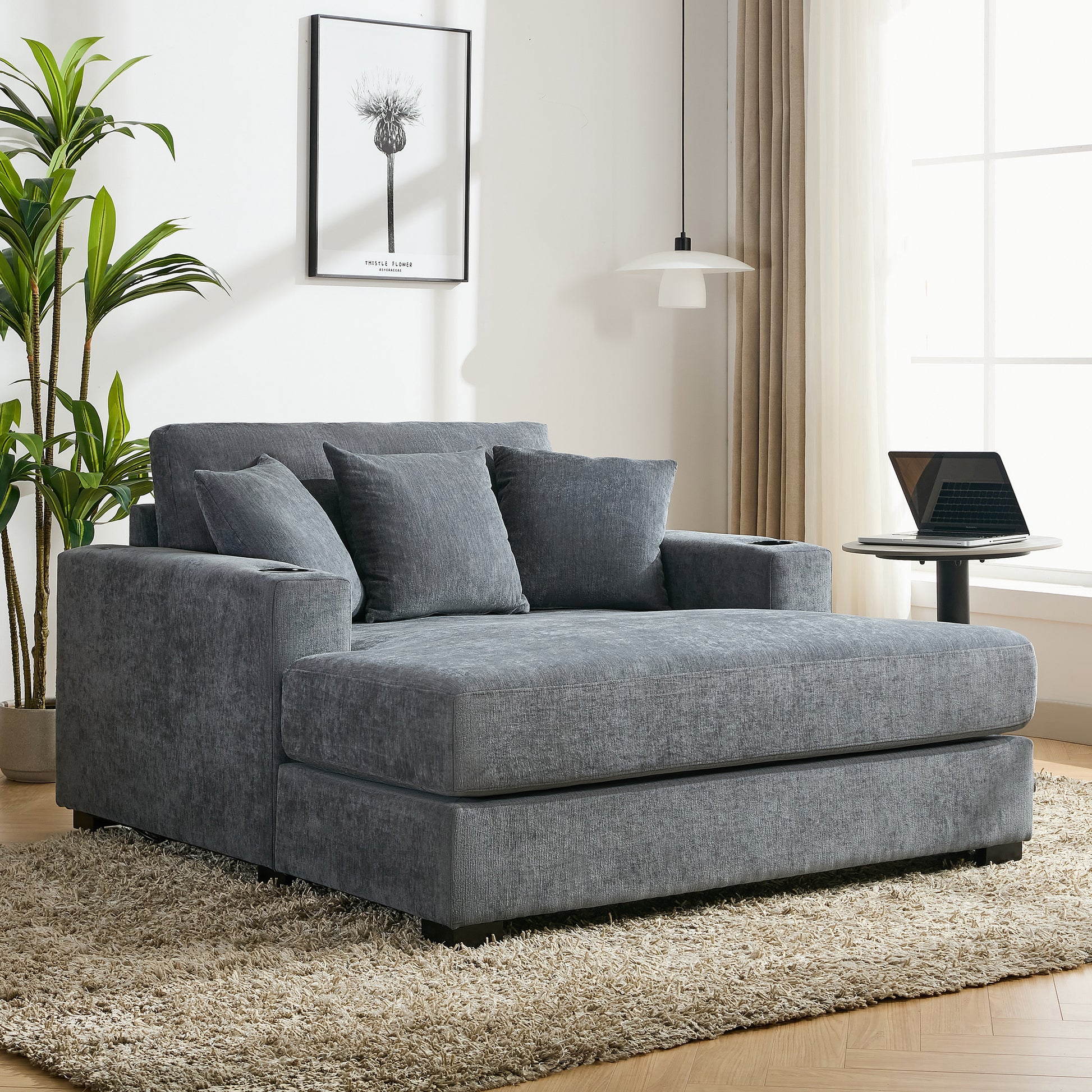 55" Oversized Chaise Lounger Modern Style Sofa Couch ,With Pillows, Charge Station & Cup Holders, Chenille Fabric, Blue Gray Blue Gray Chenille