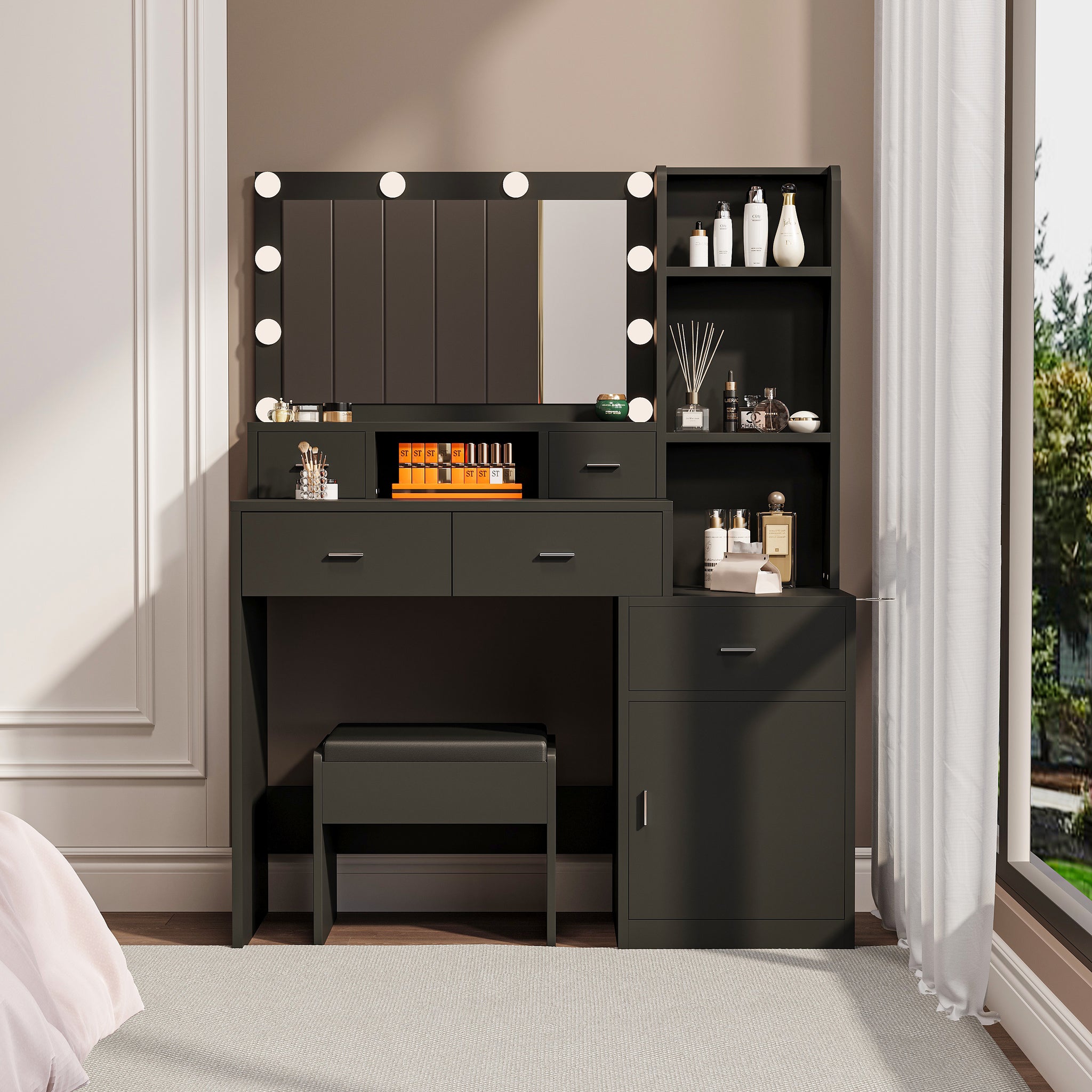 The Black Vanity With A Mirror Is Equipped With A Hair Dryer Rack, And The Dressing Tables In The Bedroom And Dressing Room Are Equipped With Dressing Mats Black 5 Drawers & Above Bedroom American
